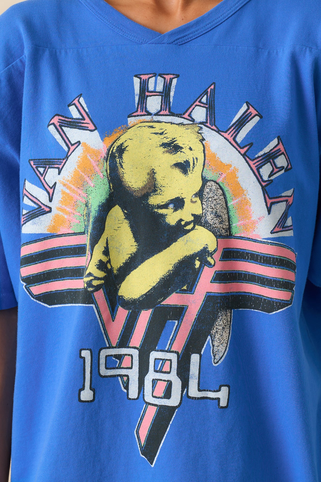 Detailed close-up of the Van Halen graphic print on soft cotton fabric, showing color and print clarity.