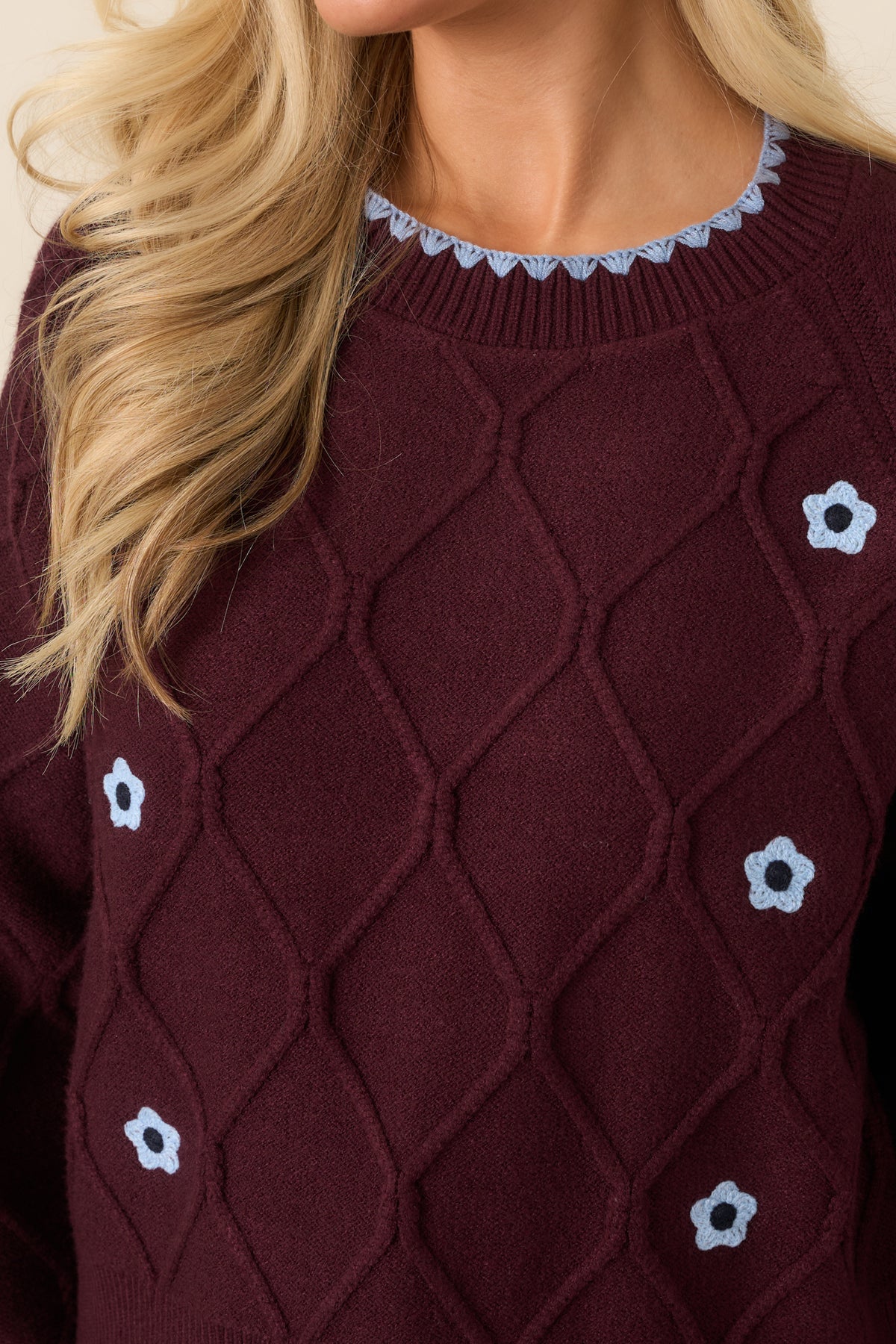 Close-up highlights the raised diamond-knit pattern, scalloped neckline trim, and delicate light blue floral detailing.