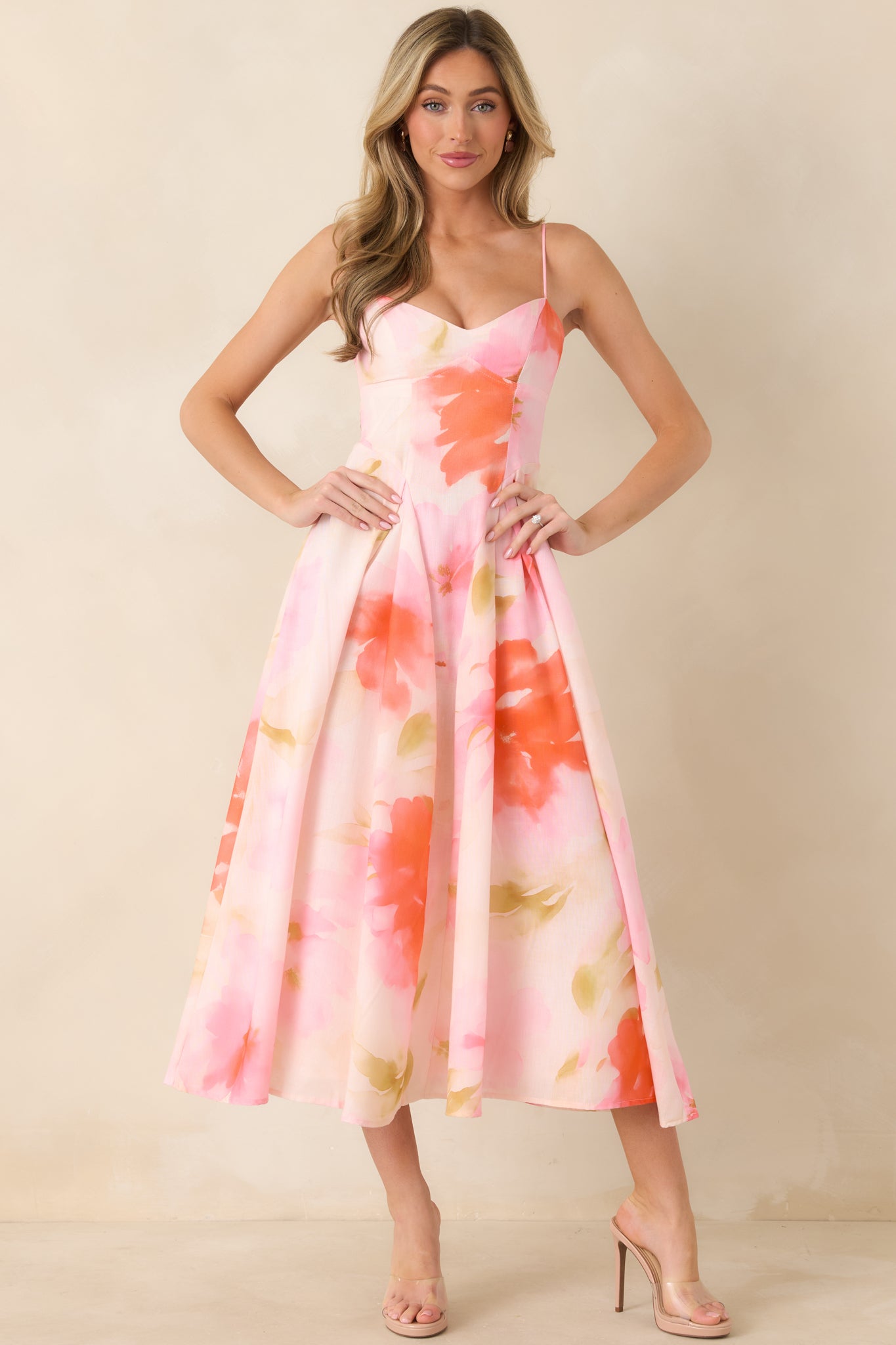pink midi dresses for women Get My Attention Pleat Waist Midi Dress Floral Pink S