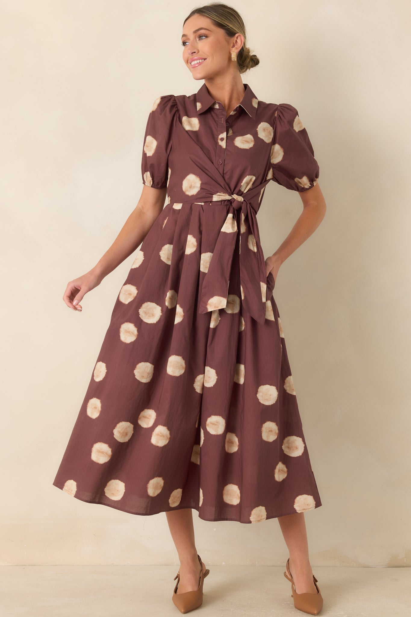 Gather Around Rust Brown Dot Print Cotton Midi Dress