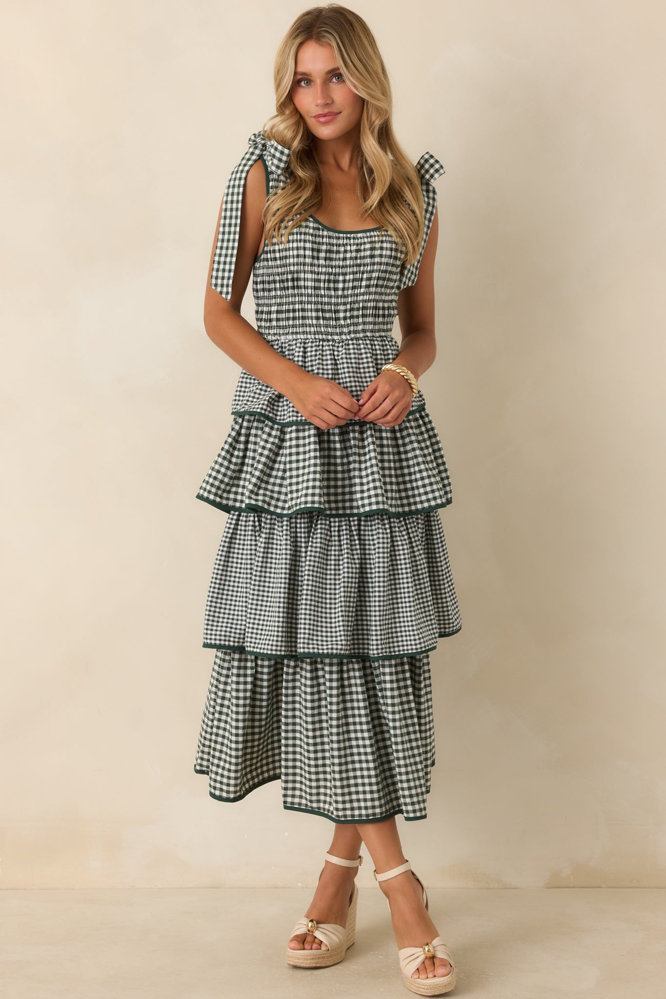 hunter green party dress Women's Entro Garden Plans Gingham Tiered Midi | Size: L Color:lilac/pink/blue print Events-Cocktail Spring Step Women's Fusaro The Carlyna Hunter Green