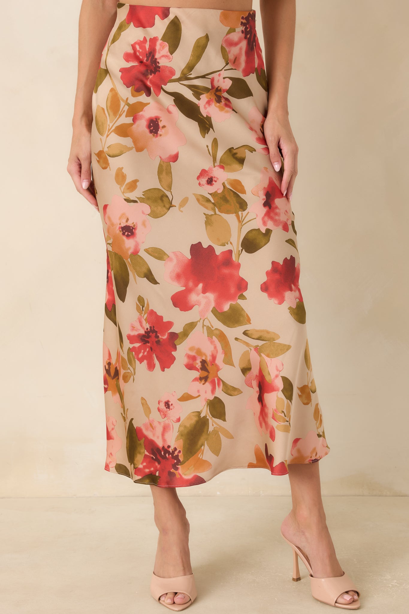 Women's Nothing More To Say Tan Multi Floral Print Satin Maxi Skirt | Size: S