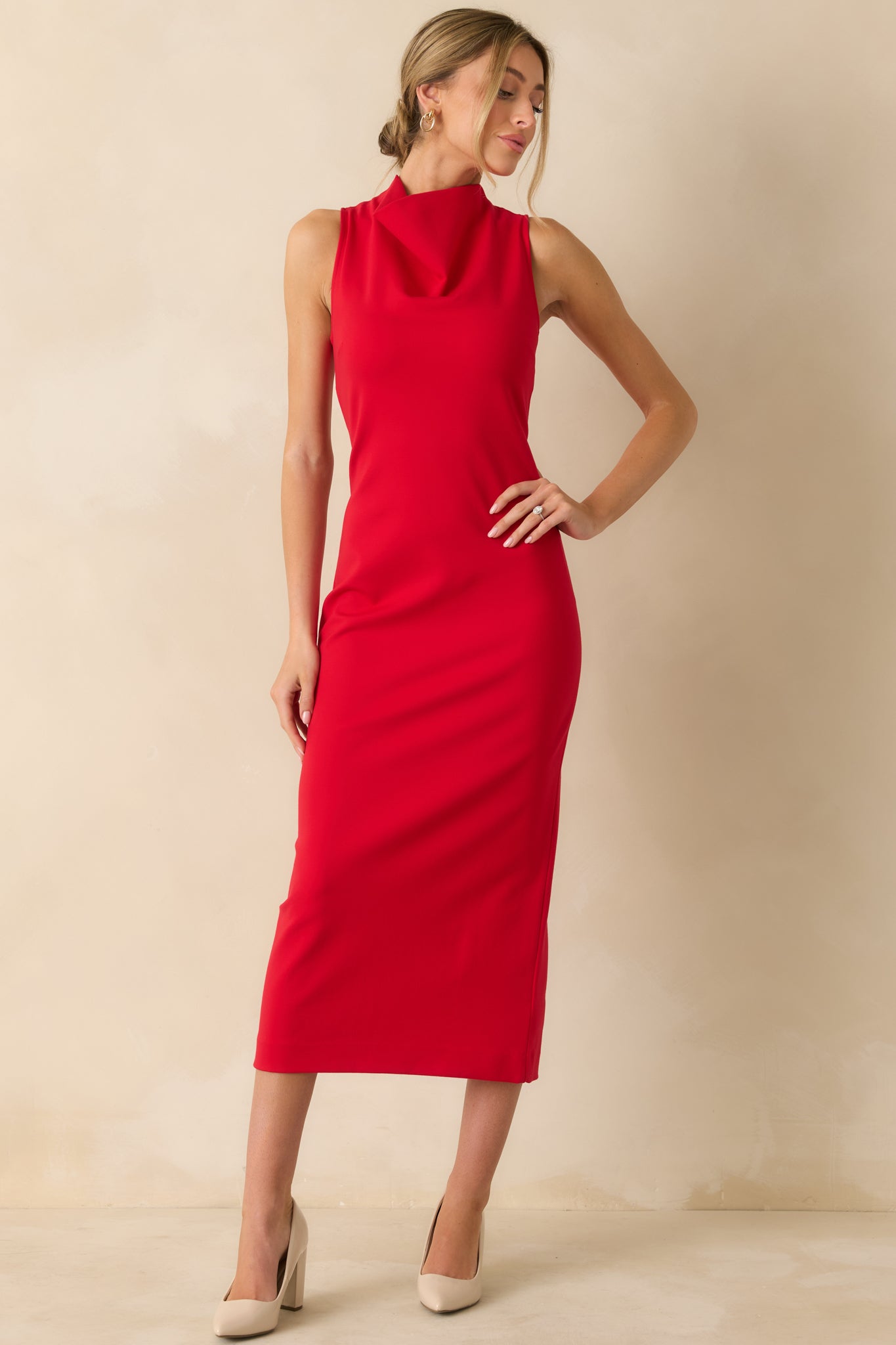 Elegant red midi dress with a high neckline and smooth, stretchy ponte fabric, hugging the body for a tailored fit.