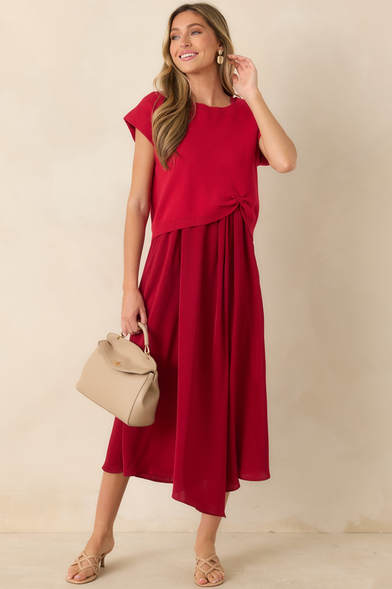 red satin dress midi Women's Easy Confidence Knit & Sleeveless | Size: L Color:ARCILLA Flossy Maxi Dress - Flowing skirt Dress length living room furniture