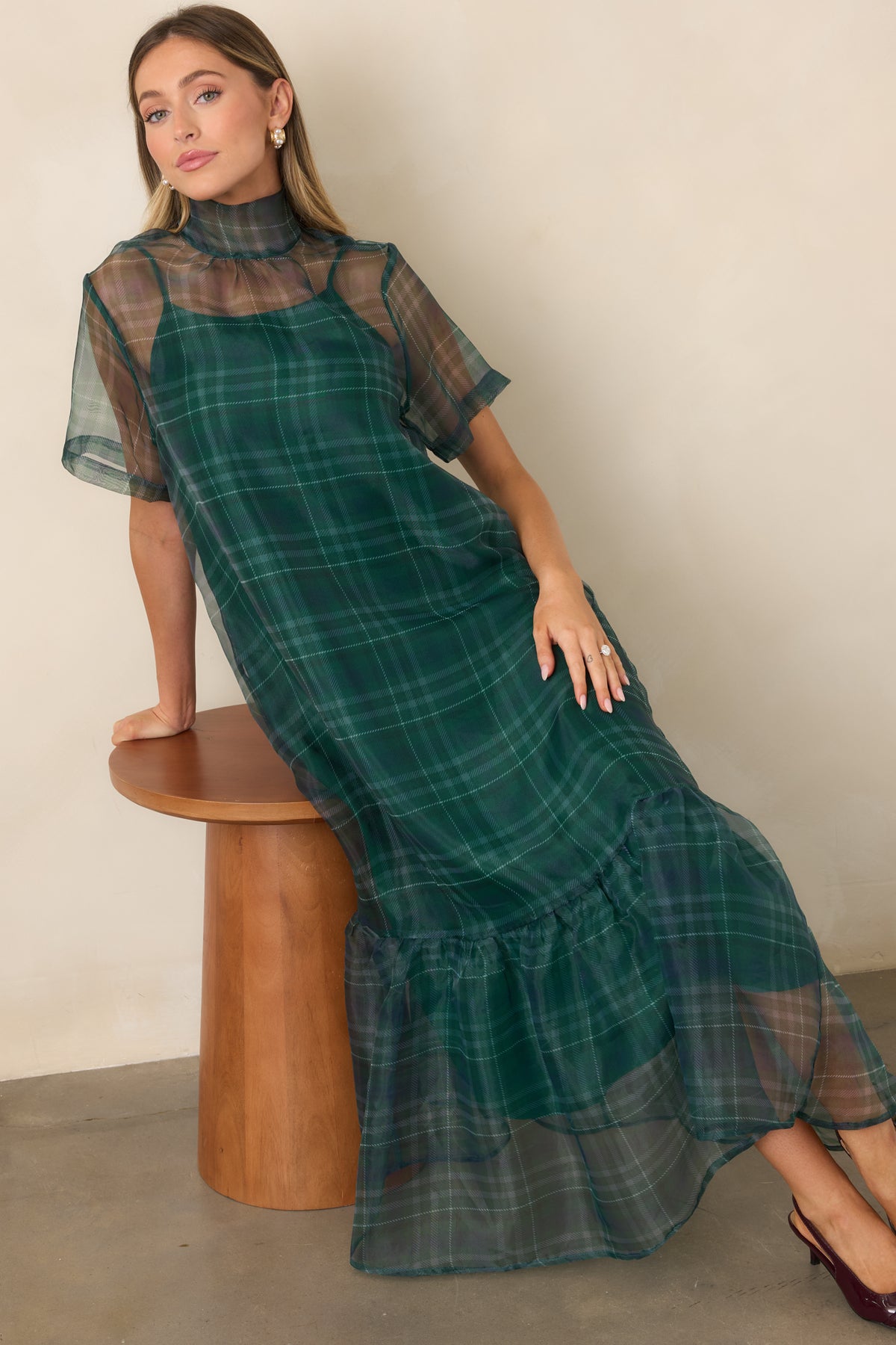 Emerald sheer plaid dress featuring a high neckline, short sleeves, and sweeping maxi length.