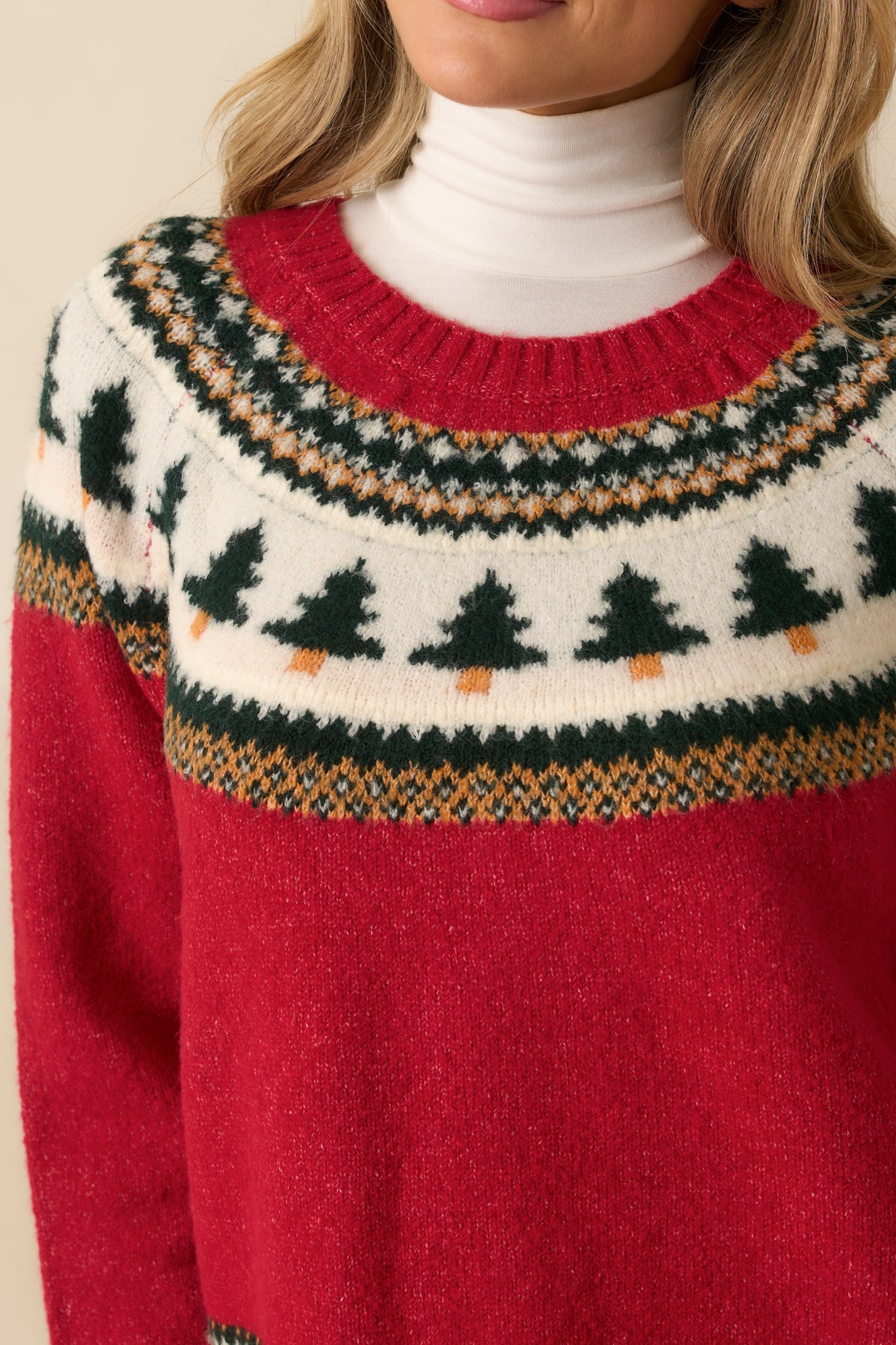 Close-up of Fair Isle knit pattern with green tree motifs and multicolor stitching detail.