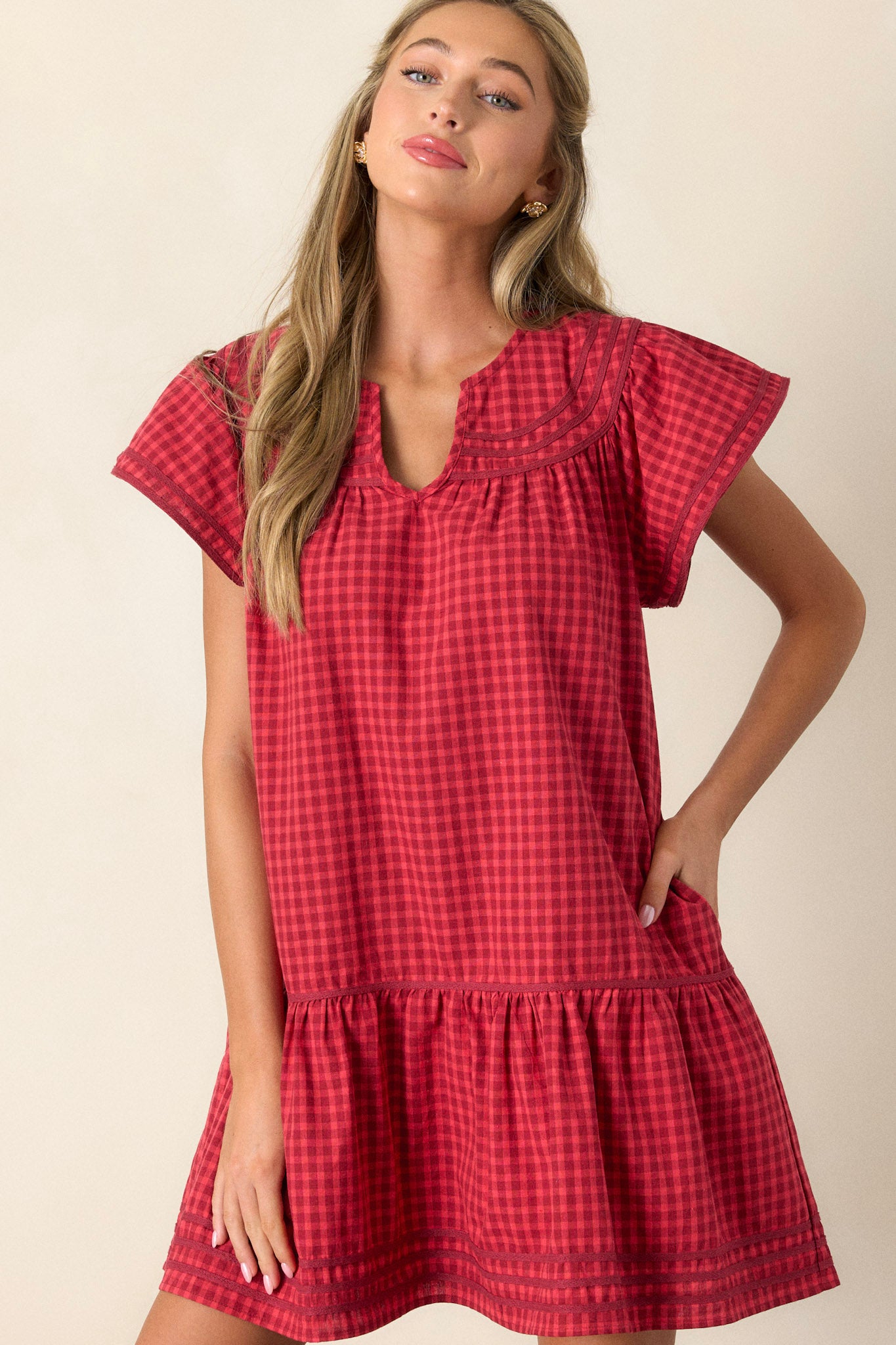 100% Cotton Red Gingham Mini Dress - Fall Dresses | Red Dress 100% Cotton Red Gingham Mini Dress - Fall Dresses | Red Dress
