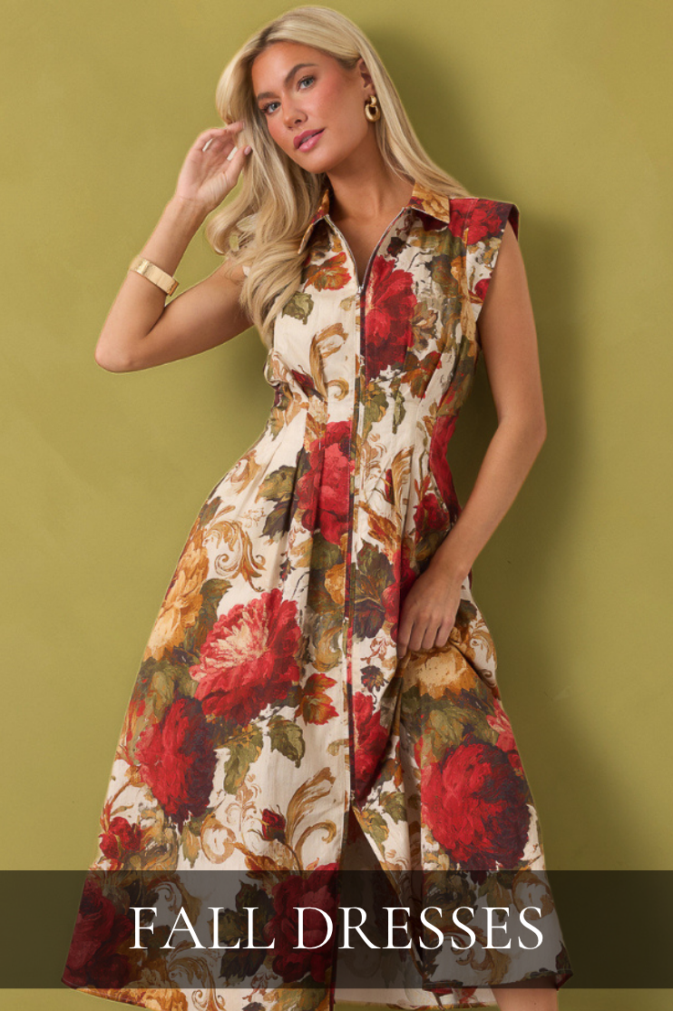 Model wearing floral midi dress. Text reads: "Fall Dresses."