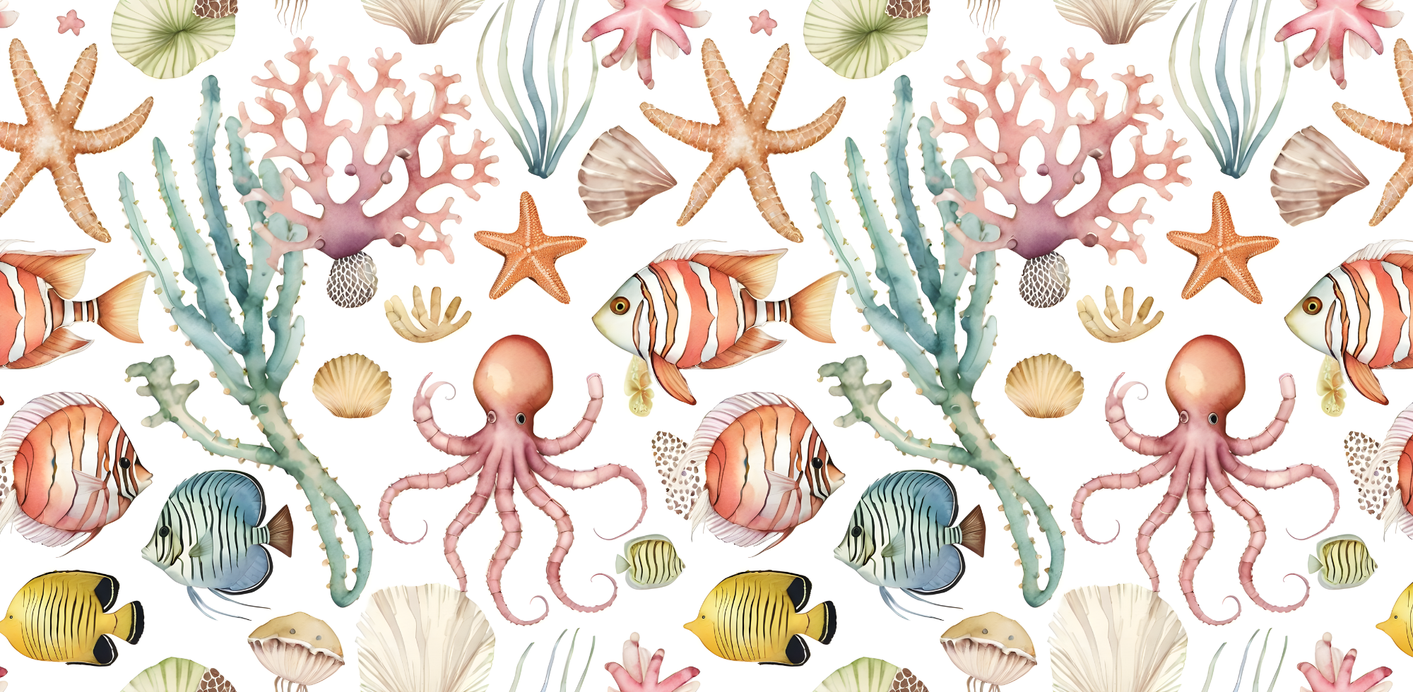 Pattern of watercolor sea creatures including fish, octopuses, and corals on a white background.