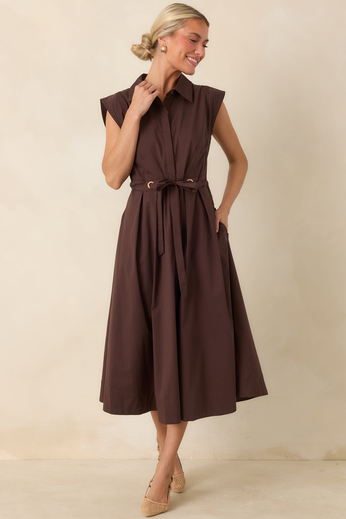 Women's Entro A Better Plan Brown Cotton Poplin Belted Midi Dress | Size: S