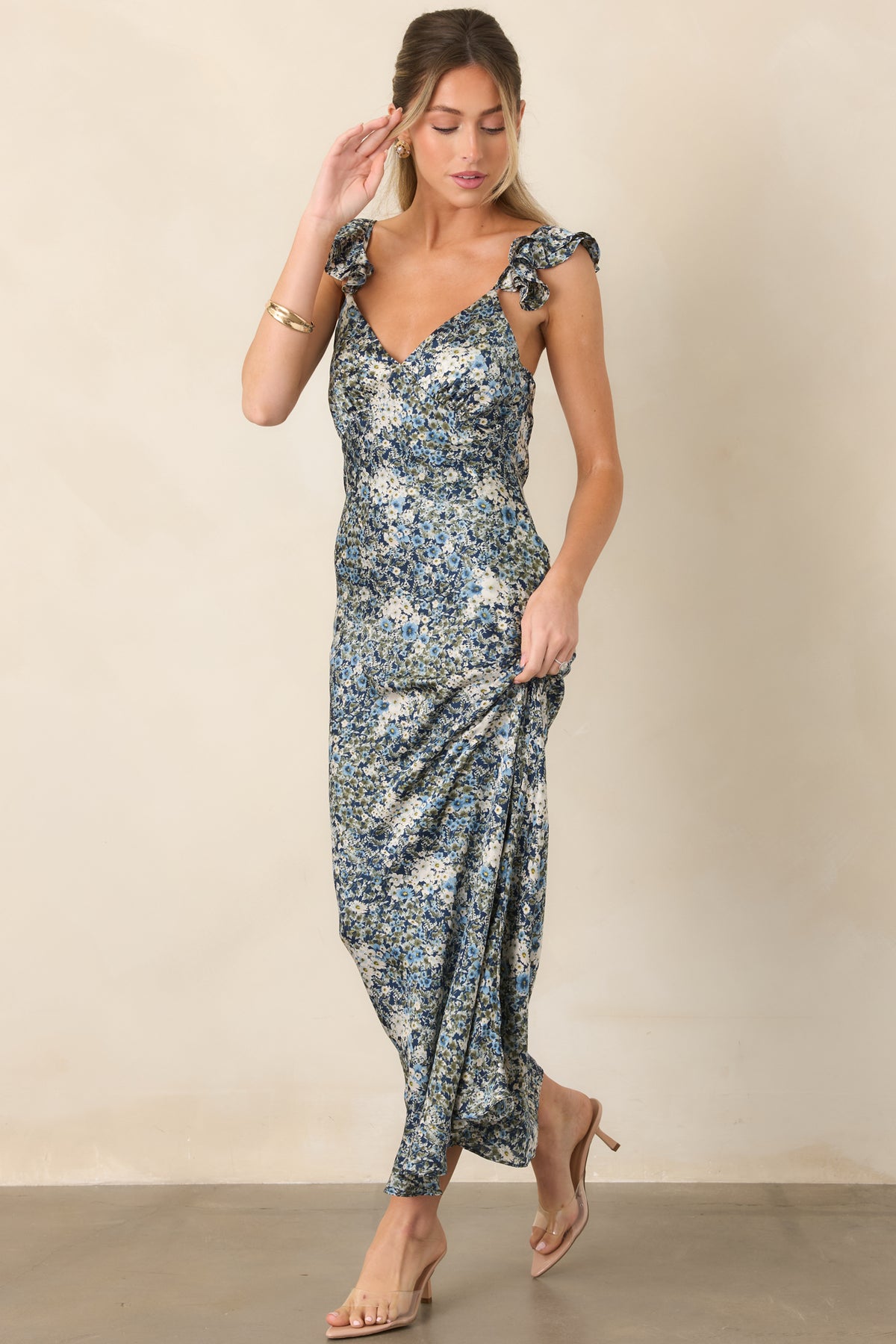 Fitted floral satin dress with a romantic V-neckline and softly ruffled adjustable straps.