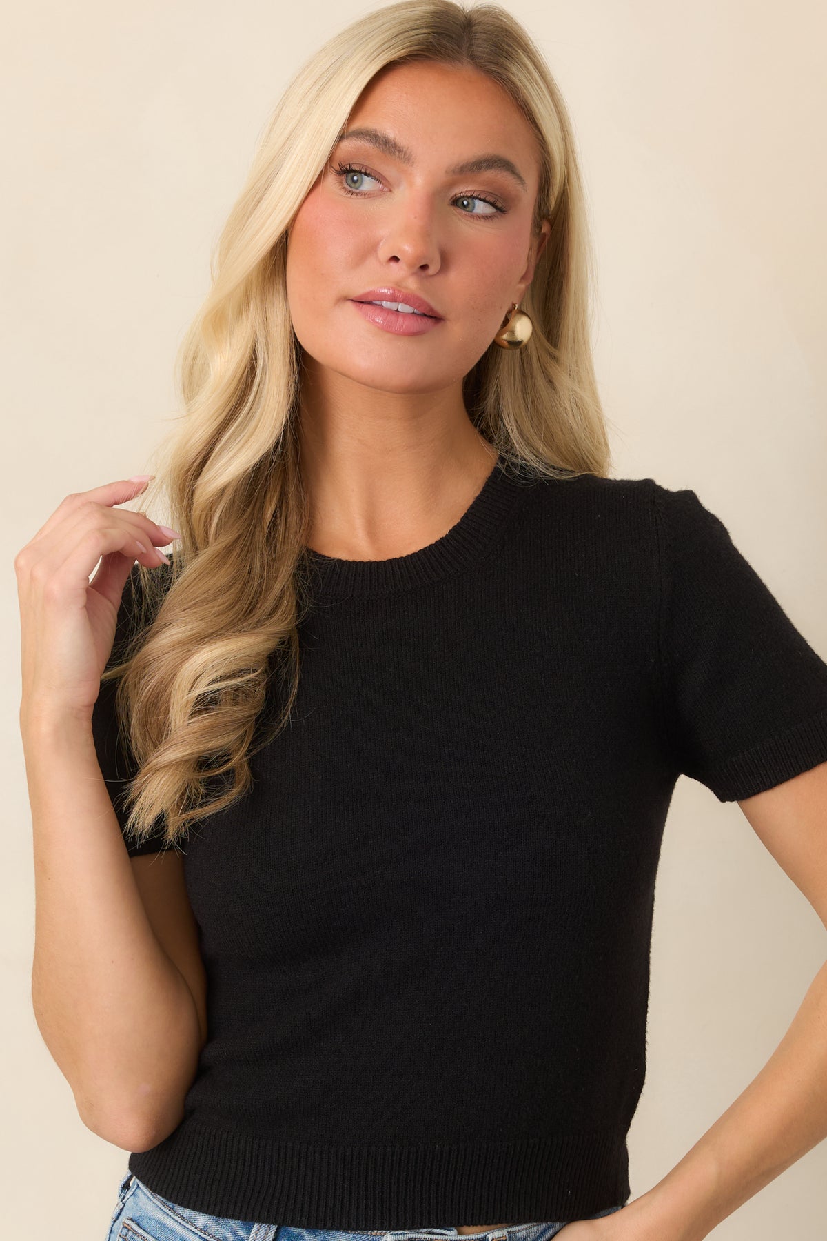 Fitted knit top showcasing its smooth silhouette and classic crew neckline.
