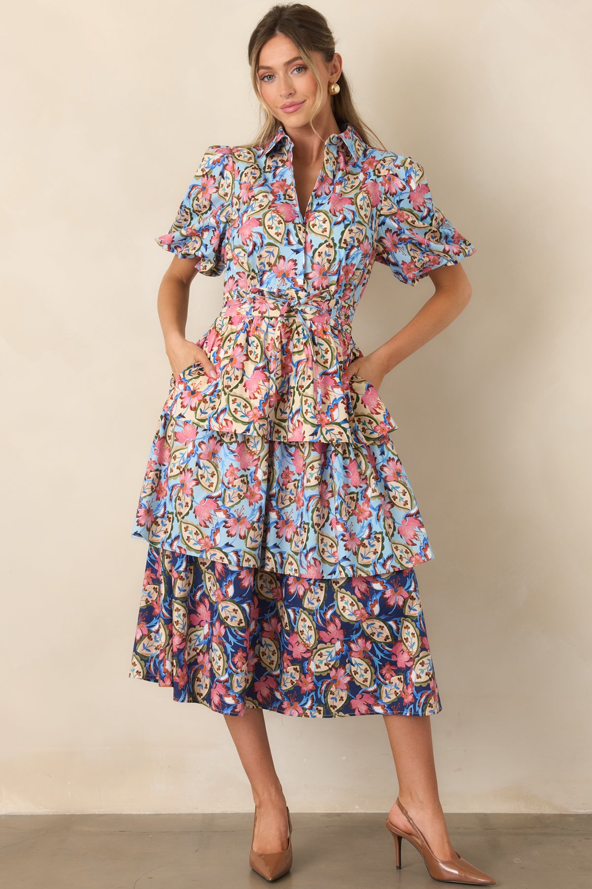 Floral printed dress showcasing a fitted button-front bodice, smocked waist detailing, and softly flowing skirt.