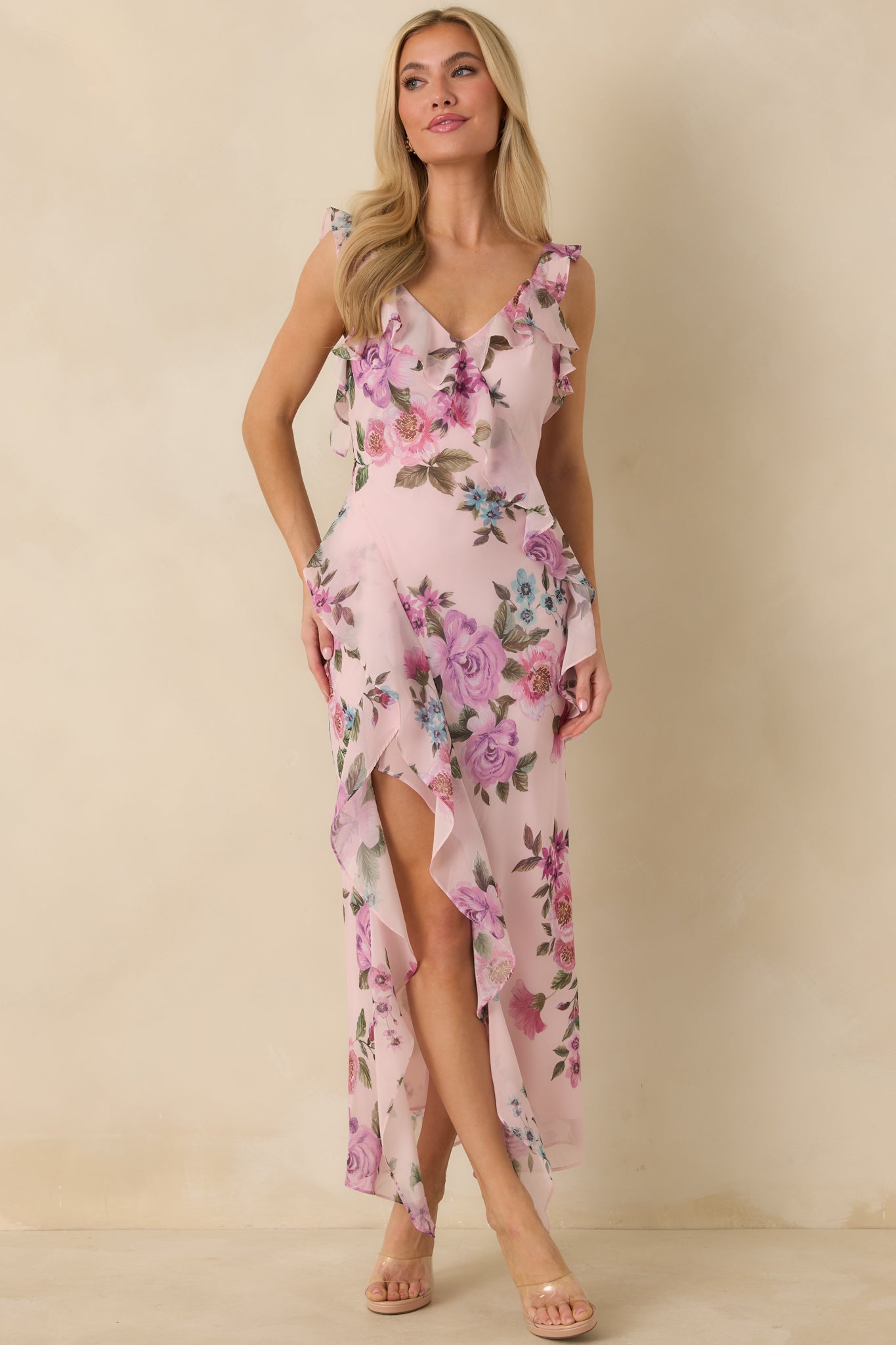 Floral chiffon maxi dress in lavender tones featuring layered ruffles along the bodice and skirt.