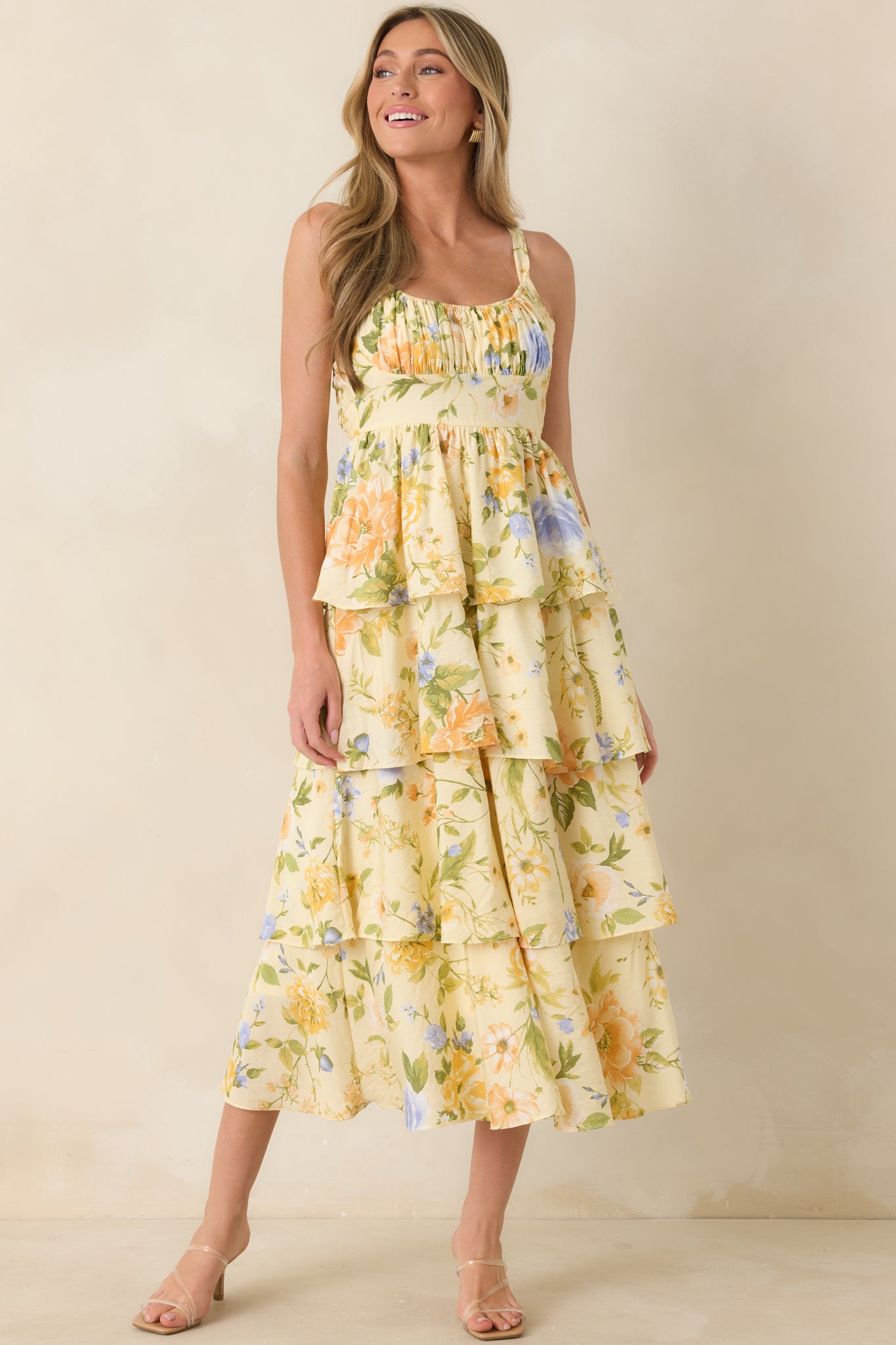 Blu Pepper Floral Tiered Dress - Butter Yellow Multi