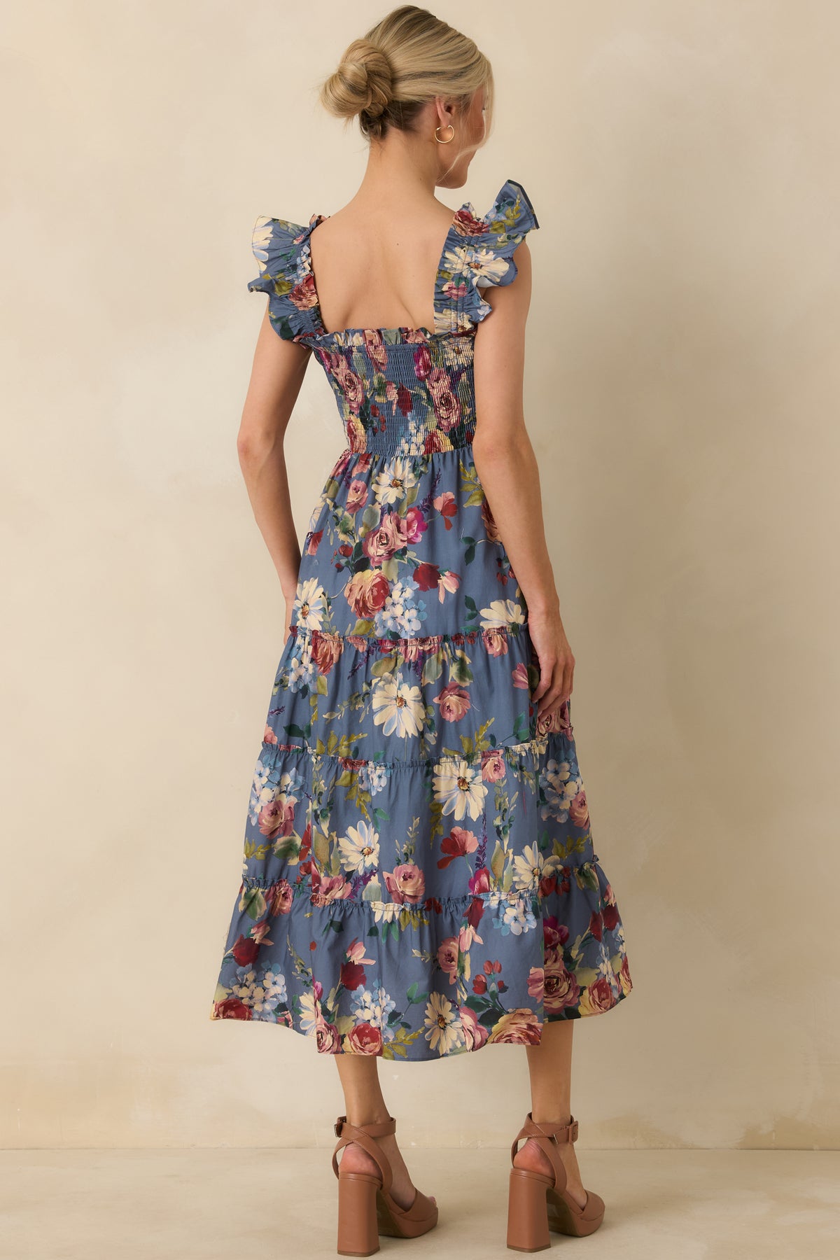 Back view of a blue floral midi dress with a smocked bodice, low square back, ruffled straps, and tiered gathered skirt.
