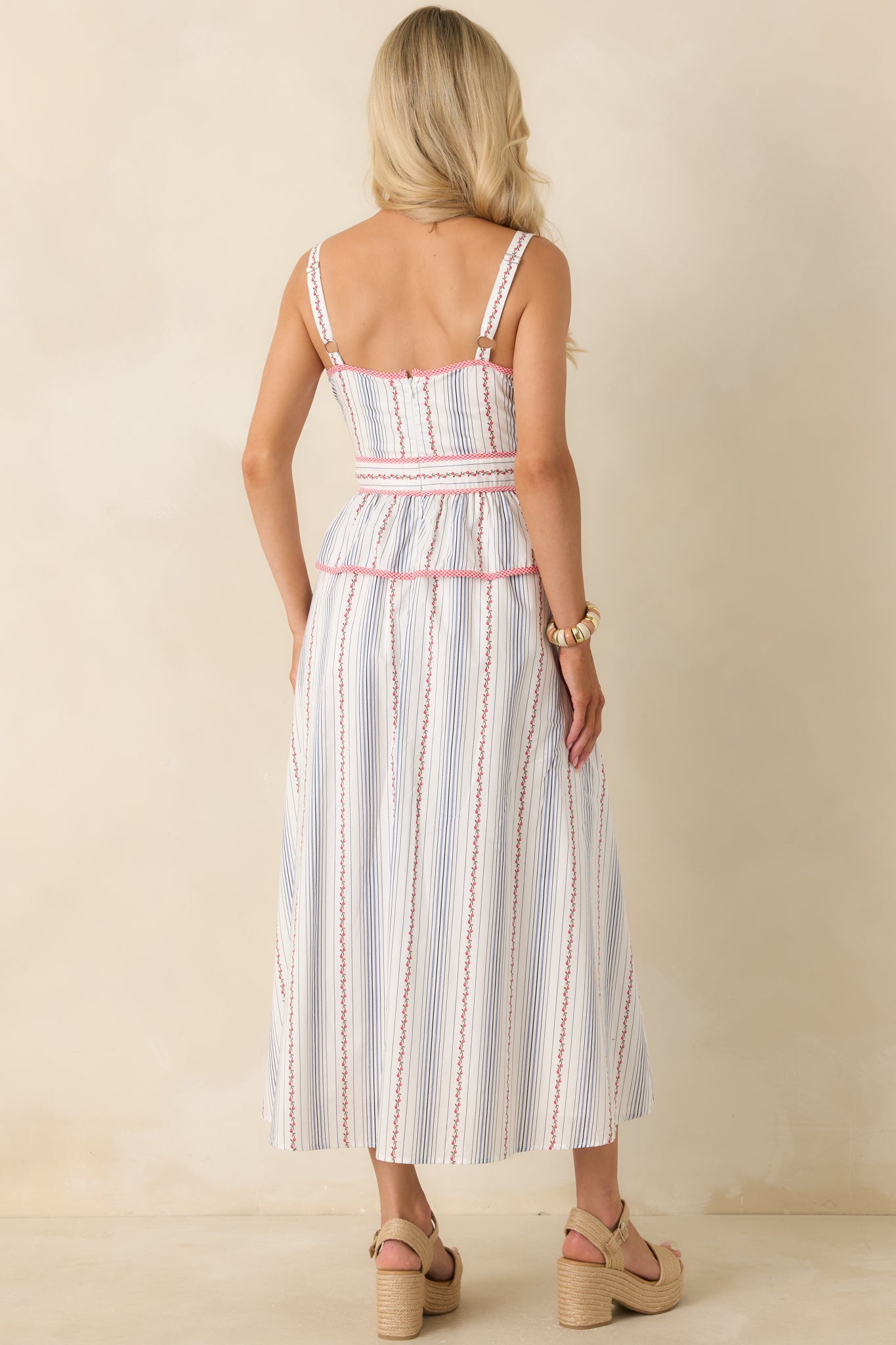 Rear view of the floral stripe midi dress highlighting the adjustable straps, smooth lining, concealed zipper, and flowing skirt.