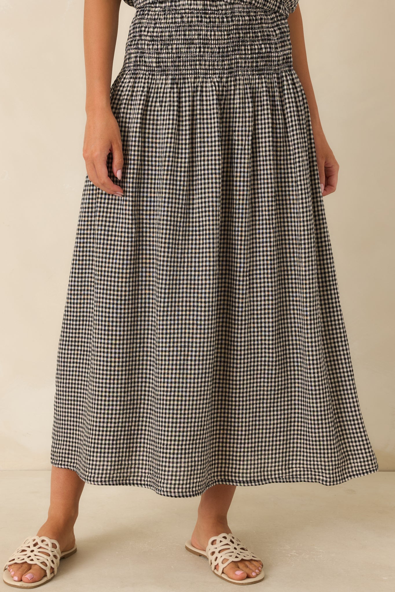 Flowing maxi skirt showcasing the breathable fabric and relaxed elegant silhouette.