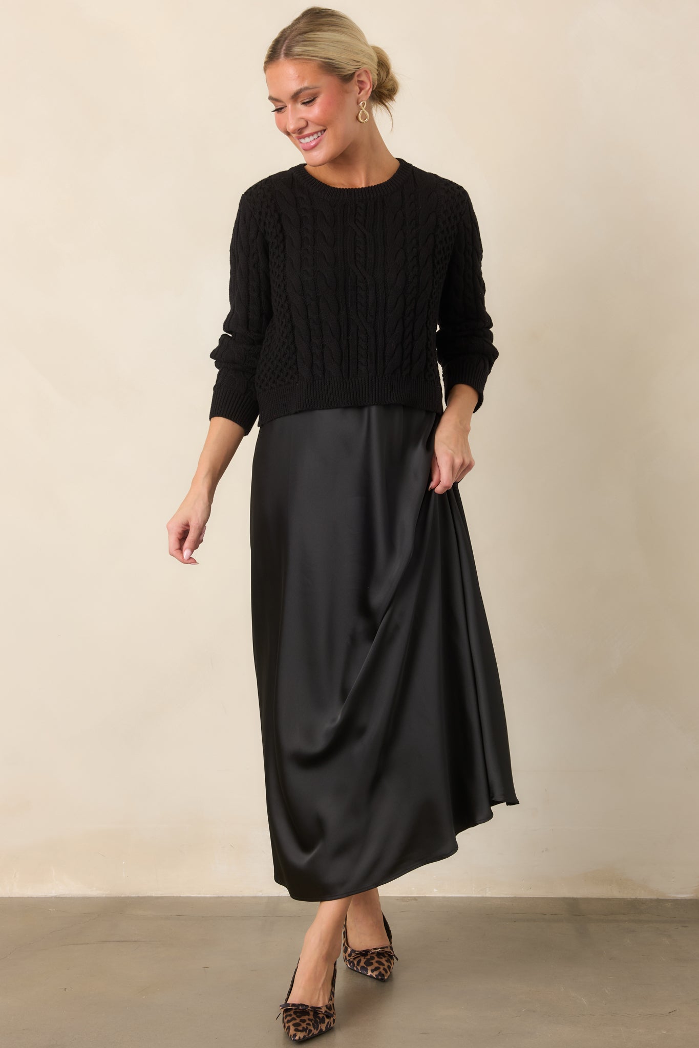 theory knit combo dress in recycled satin The Perfect Pairing Black Cable Sweater & Maxi Set certified organic cotton yarn
