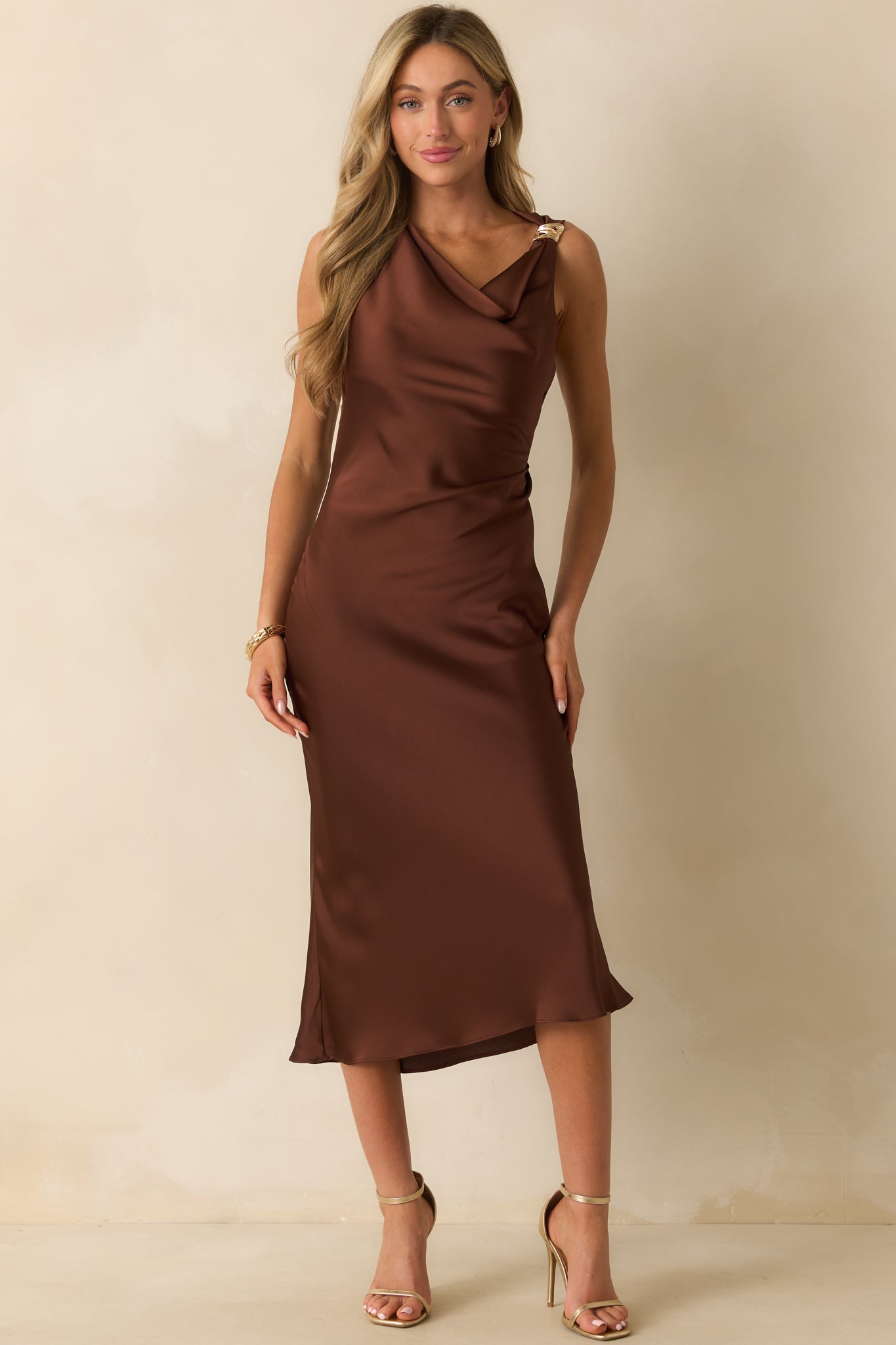 Front angle emphasizing the cowl neckline and elegant midi length.