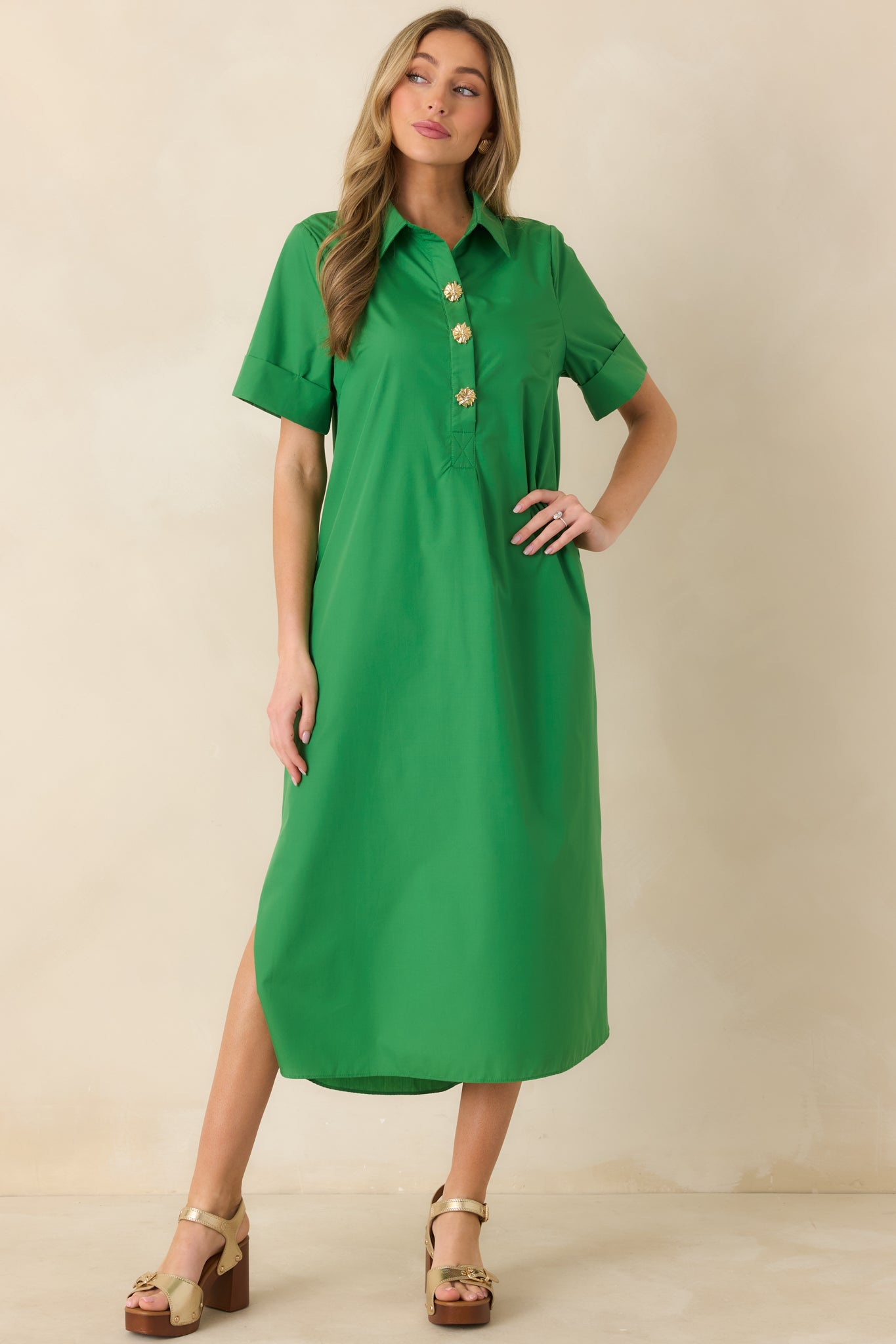 Front angle focusing on the relaxed fit through the body and soft movement of the skirt.