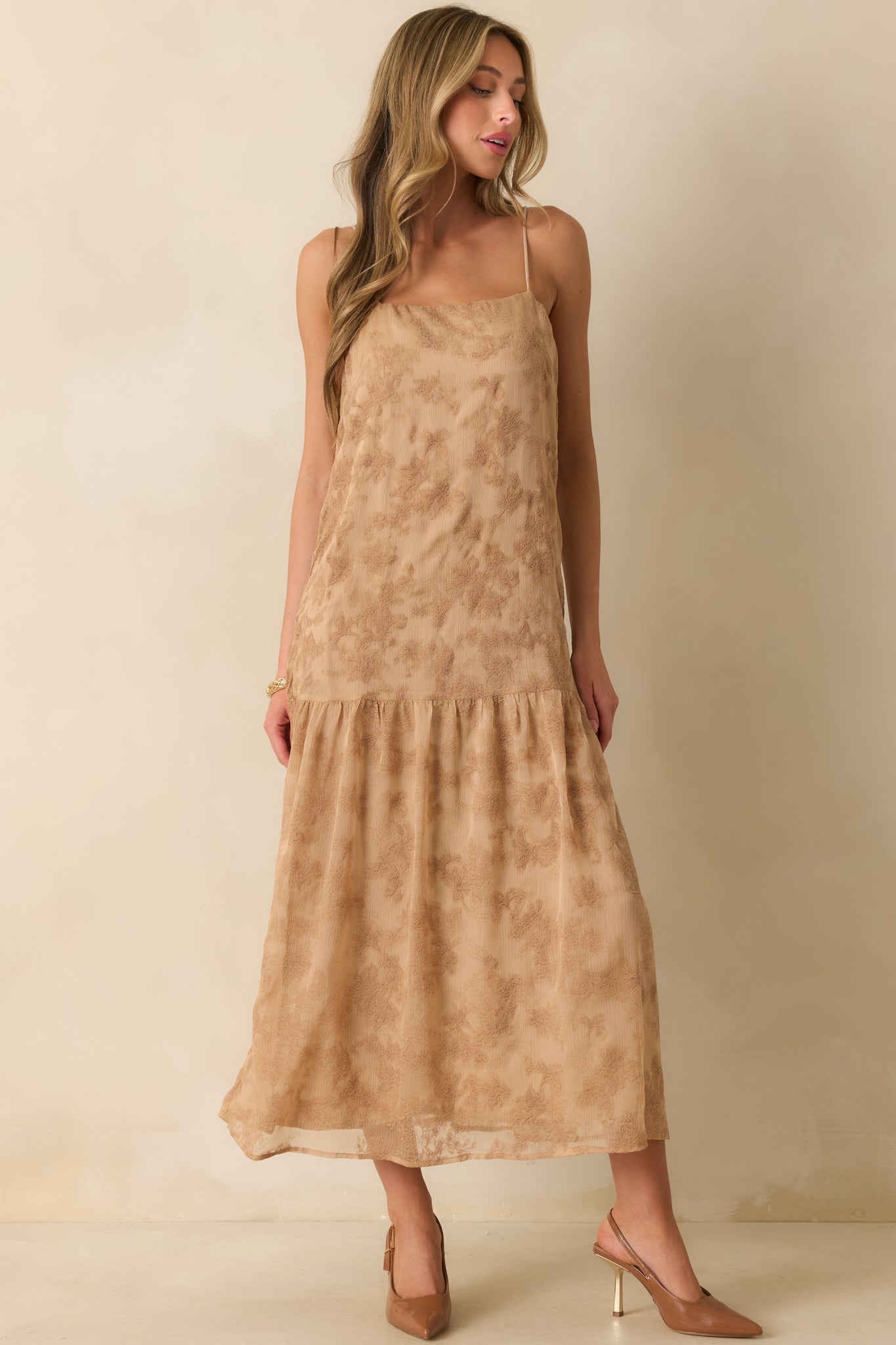 Another front angle emphasizing the tiered skirt and soft drape of the fabric.