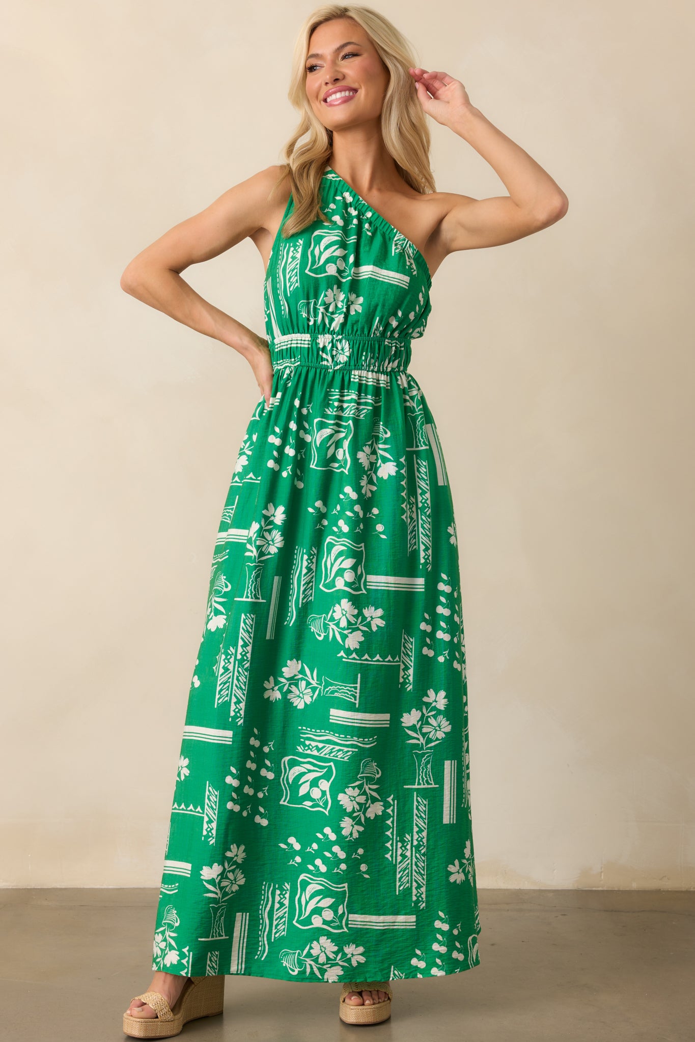 Front-facing shot showcasing the overall silhouette and delicate floral pattern on the dress.