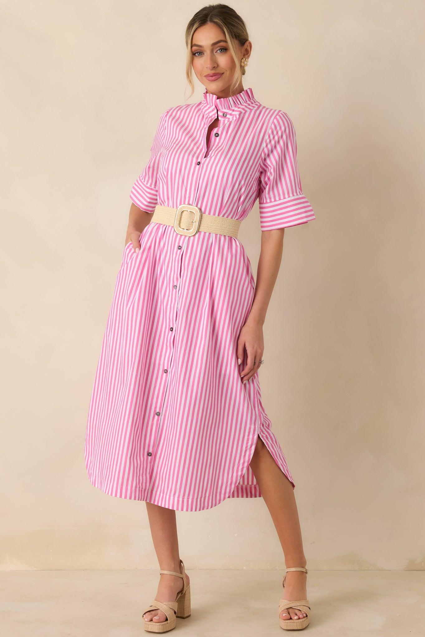 Front-facing full length image highlighting the lightweight woven fabric and relaxed, flowy skirt.