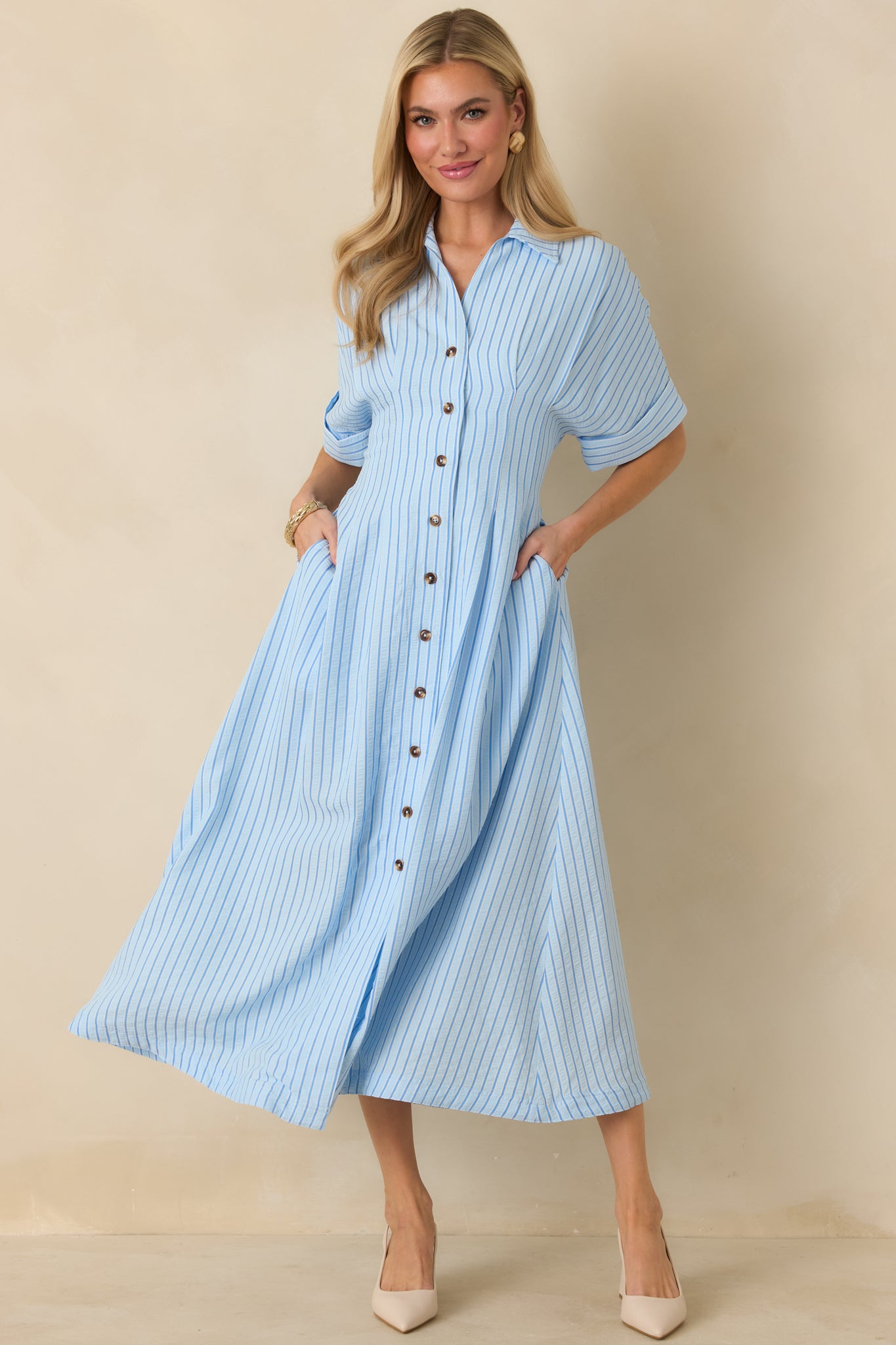 Wherever I Go Light Blue Stripe Smocked Waist Maxi Shirt Dress Wherever I Go Light Blue Stripe Smocked Waist Maxi Shirt Dress