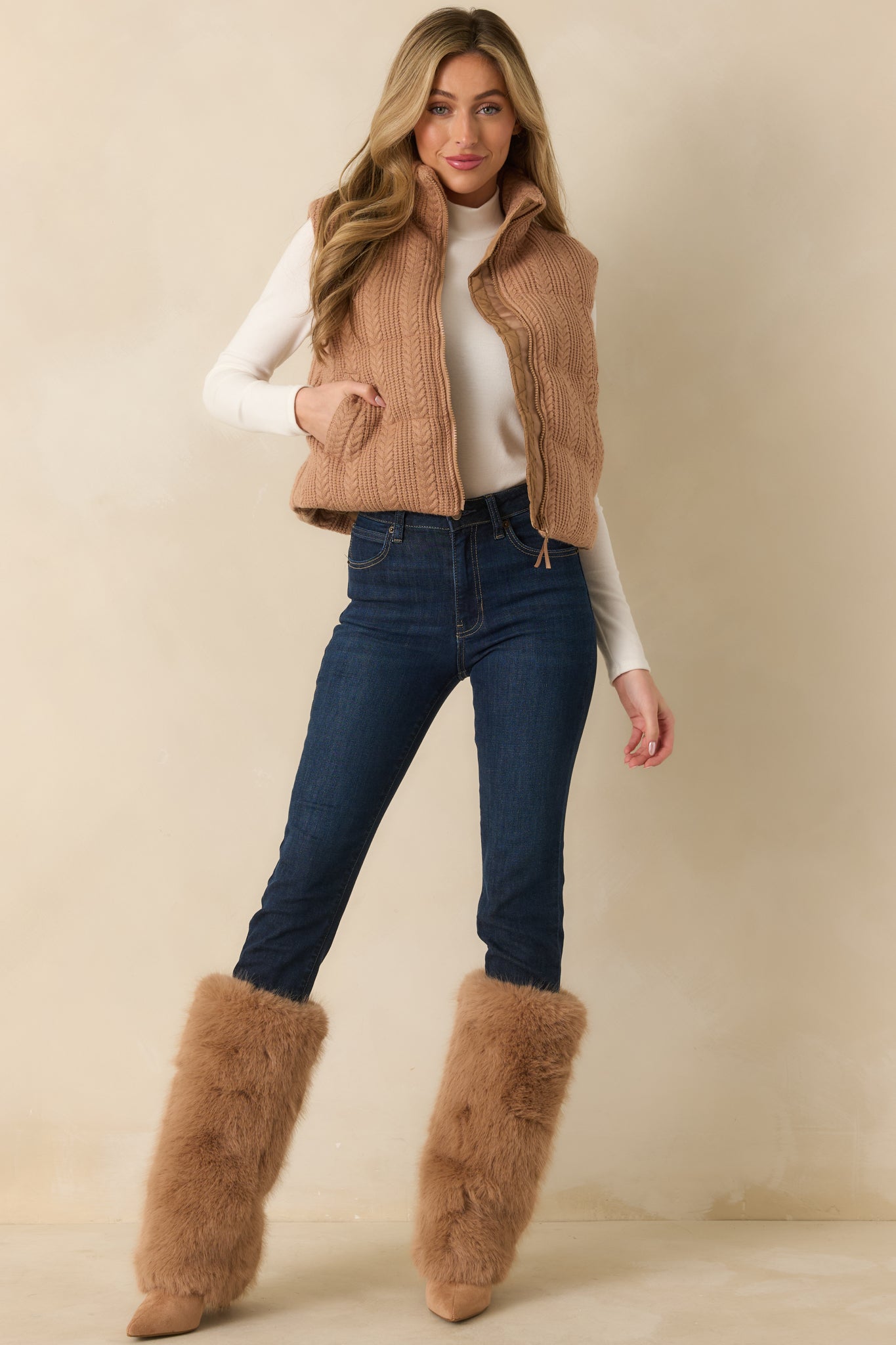 Full front view emphasizing the relaxed fit, quilted pattern, and practical zip and pocket details.