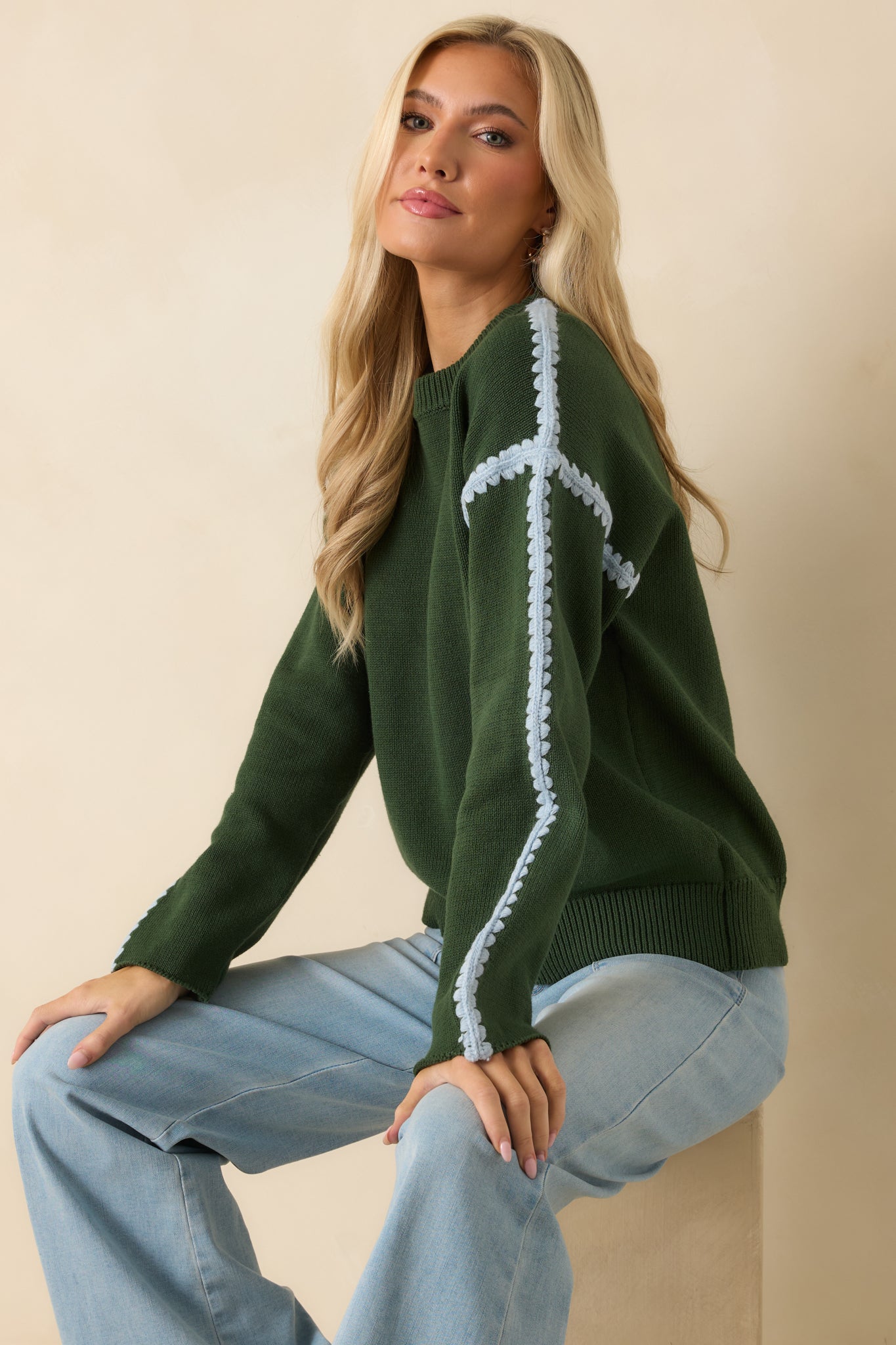 Moss Green Cotton Knit Crochet Trim Sweater - All Tops | Red Dress Moss Green Cotton Knit Crochet Trim Sweater - All Tops | Red Dress
