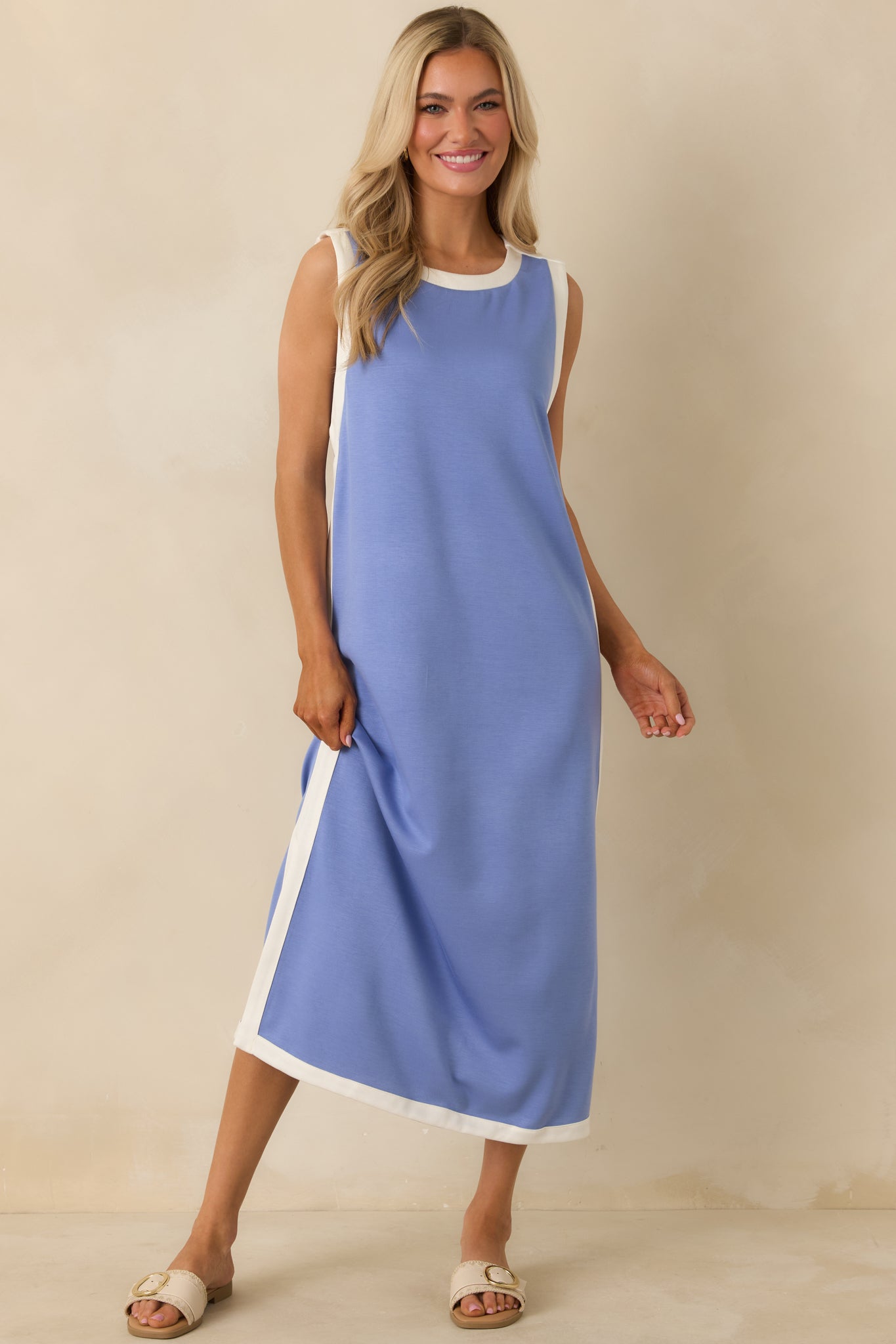 Front-facing view emphasizing the relaxed straight fit and soft, stretchy jersey knit construction.