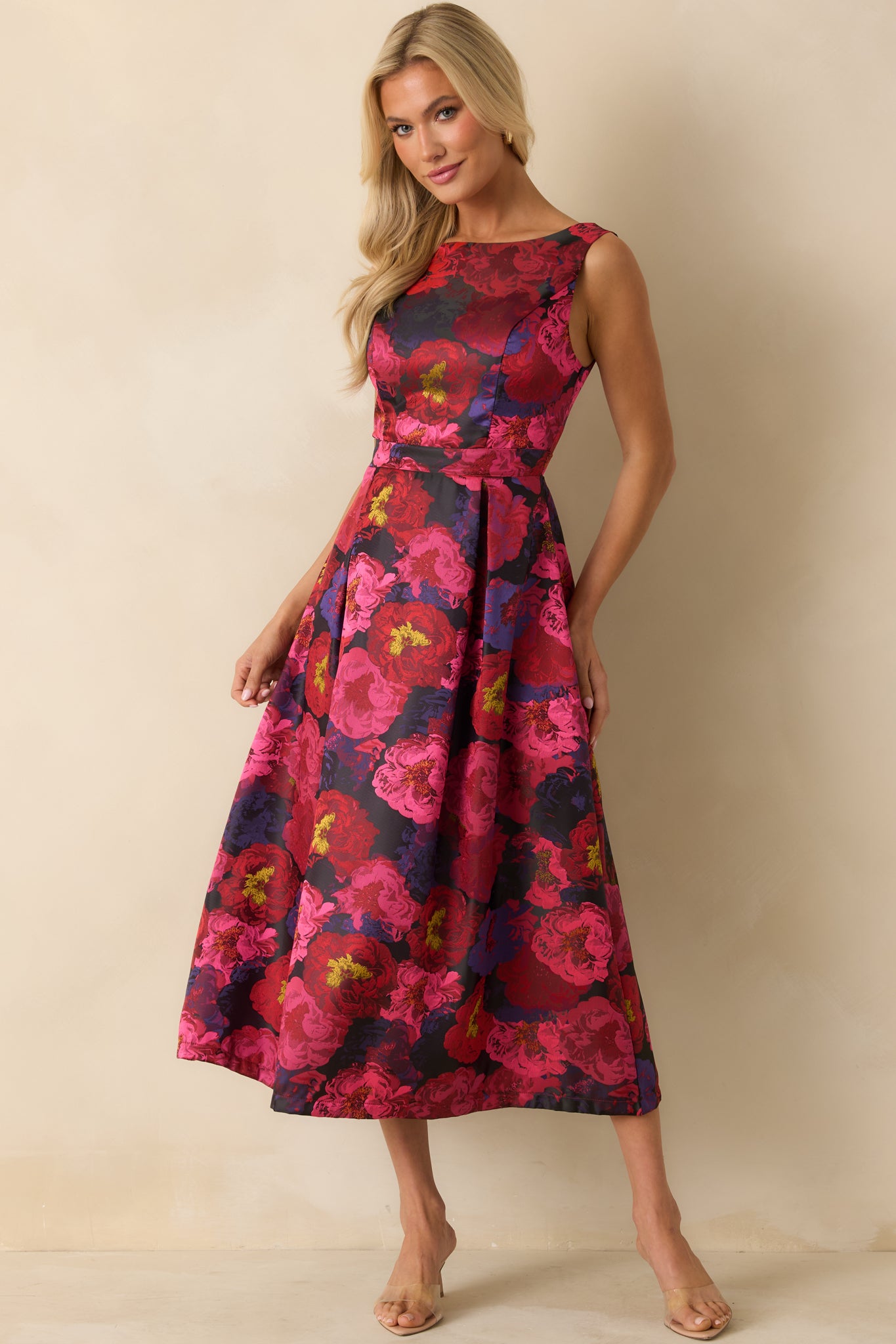 Front view of the floral jacquard midi dress highlighting the smooth bateau neckline.