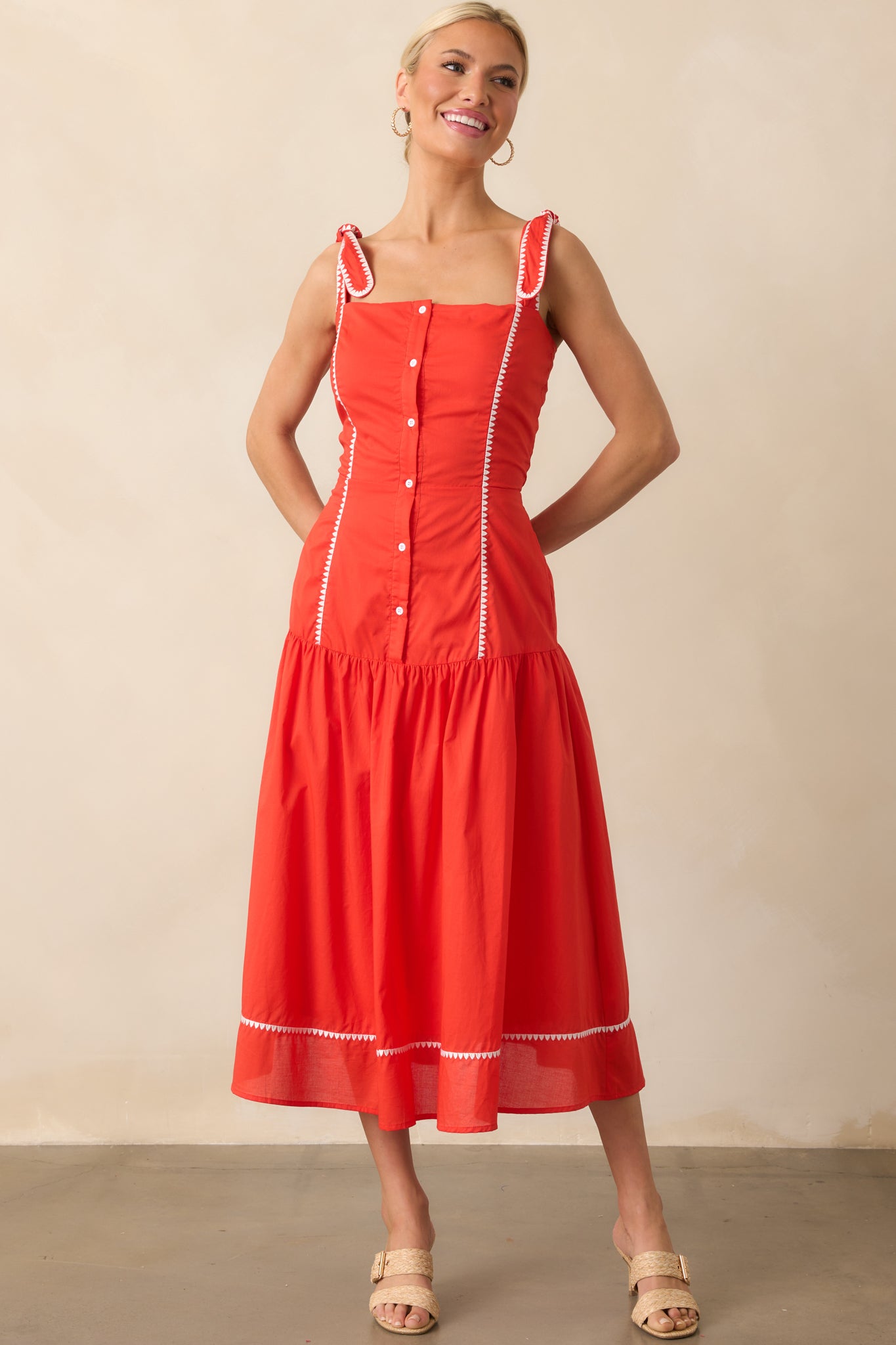 strapless open back dress Red Cotton Drop Waist Midi Dress - Shirt Dresses