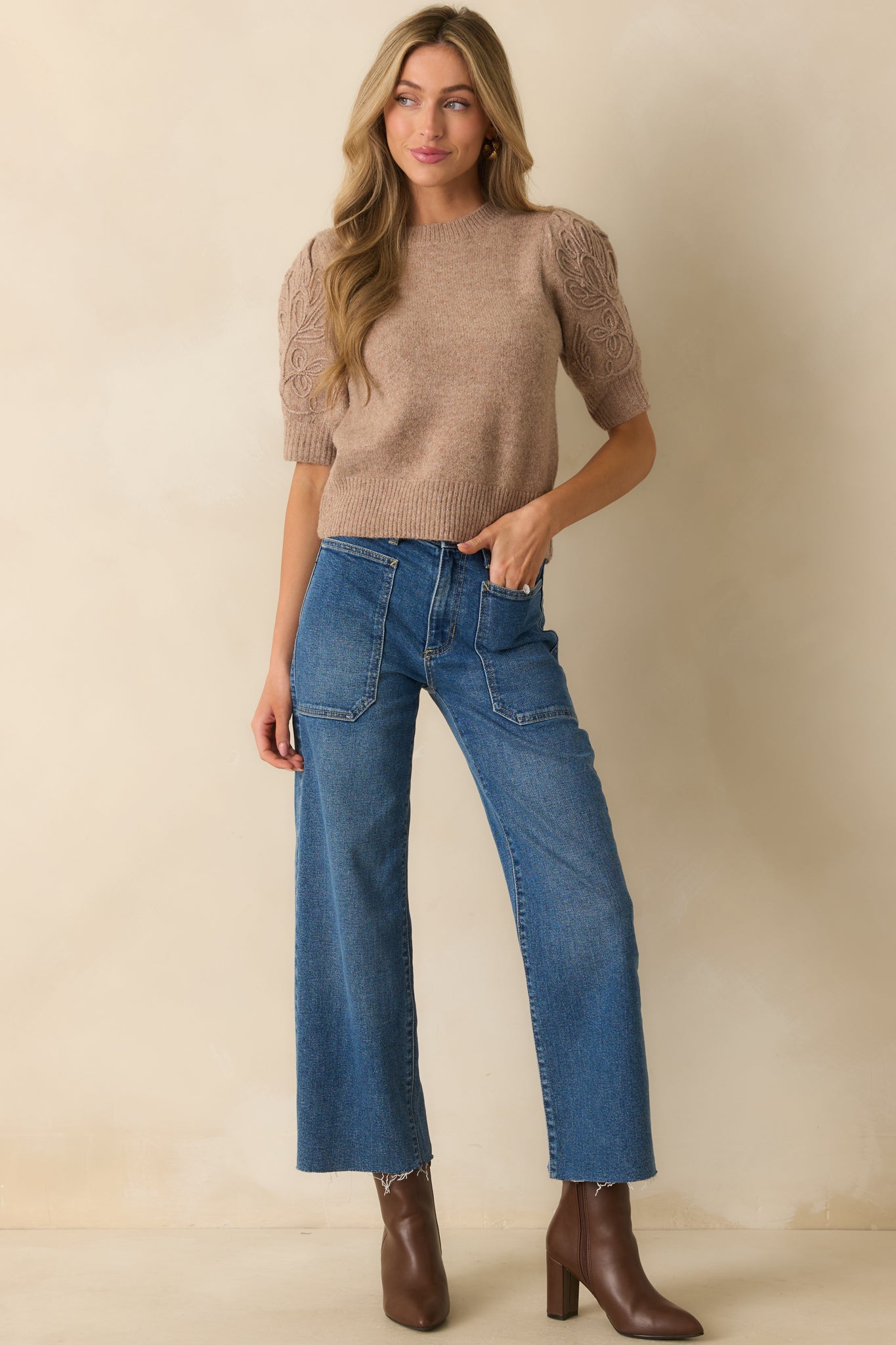 Another front view highlighting the front patch pockets and relaxed wide-leg fit.