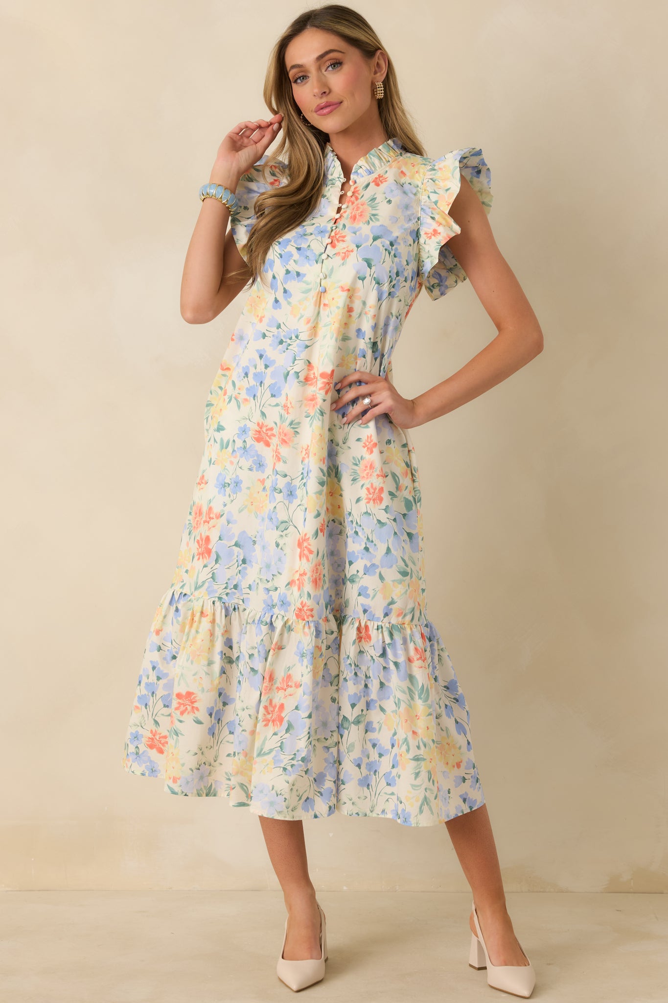 strapless open back dress A Lovely Place to Be Ivory Multi Pastel Florals Flutter Sleeve Midi Dress