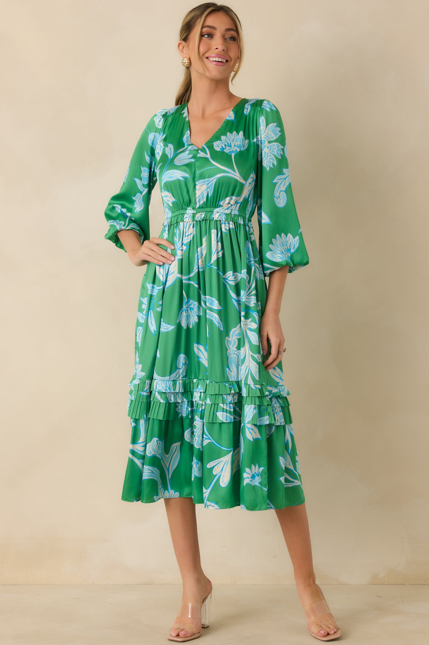 green floral tiered midi dress Striped and Floral Tiered Midi Dress