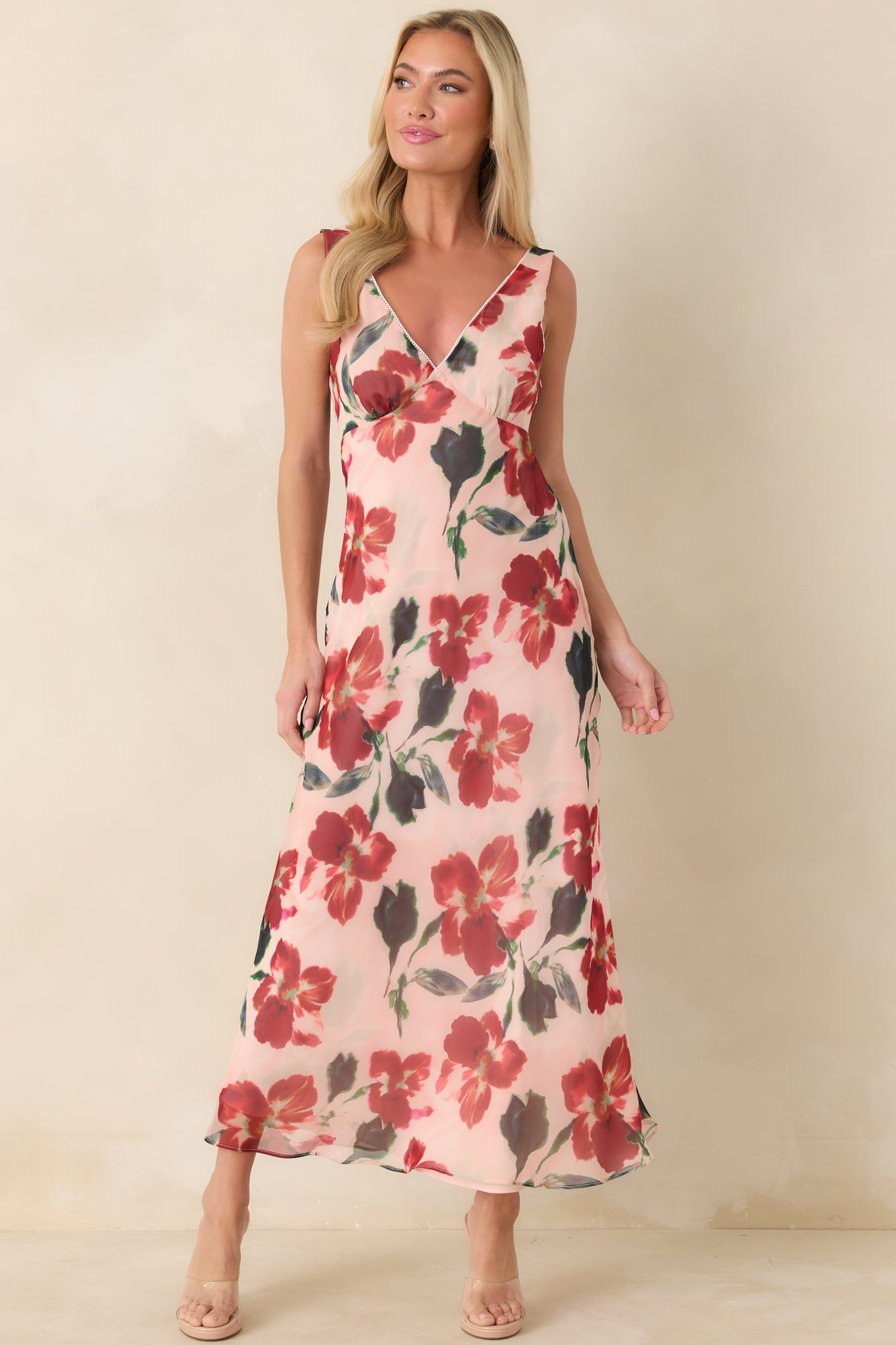 Front view of red floral midi dress featuring a V-neckline with delicate trim and empire waist seam.