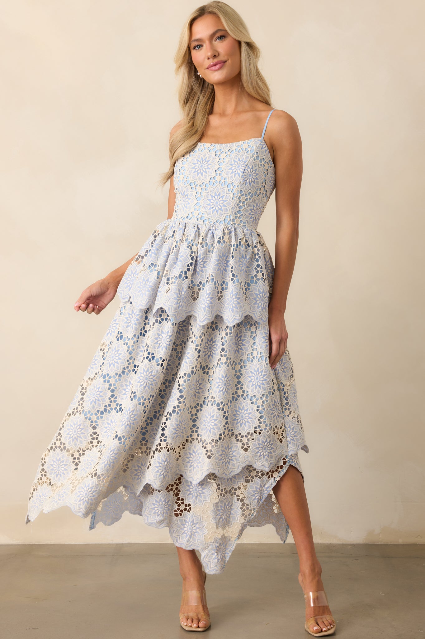 Within Myself Sky Blue Embroidered Eyelet Asymmetric Maxi Dress Within Myself Sky Blue Embroidered Eyelet Asymmetric Maxi Dress