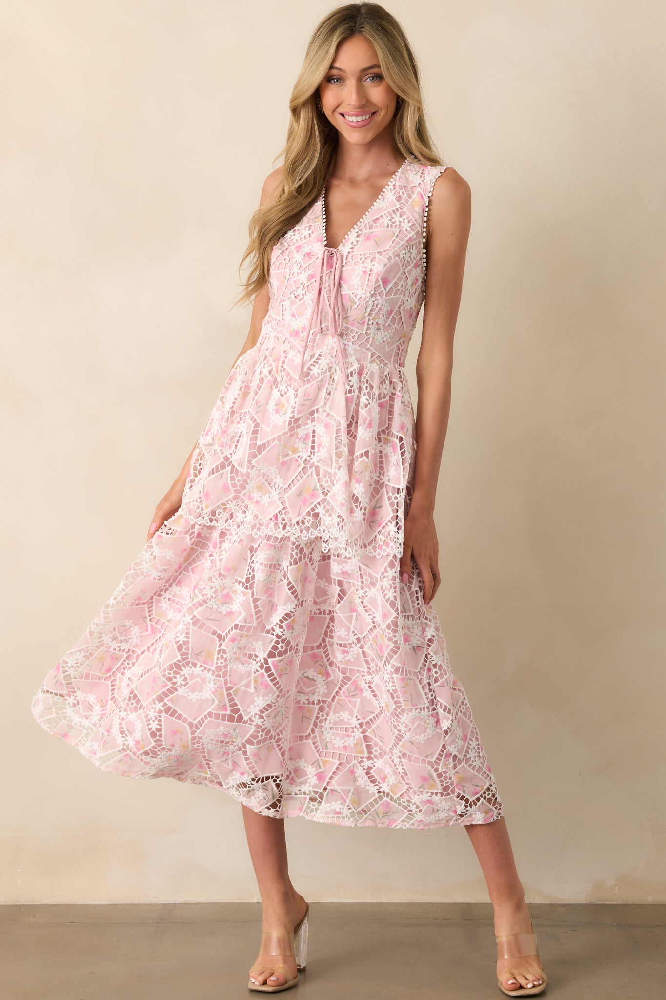 Light Pink Floral Embroidered Dress - Midi Dress