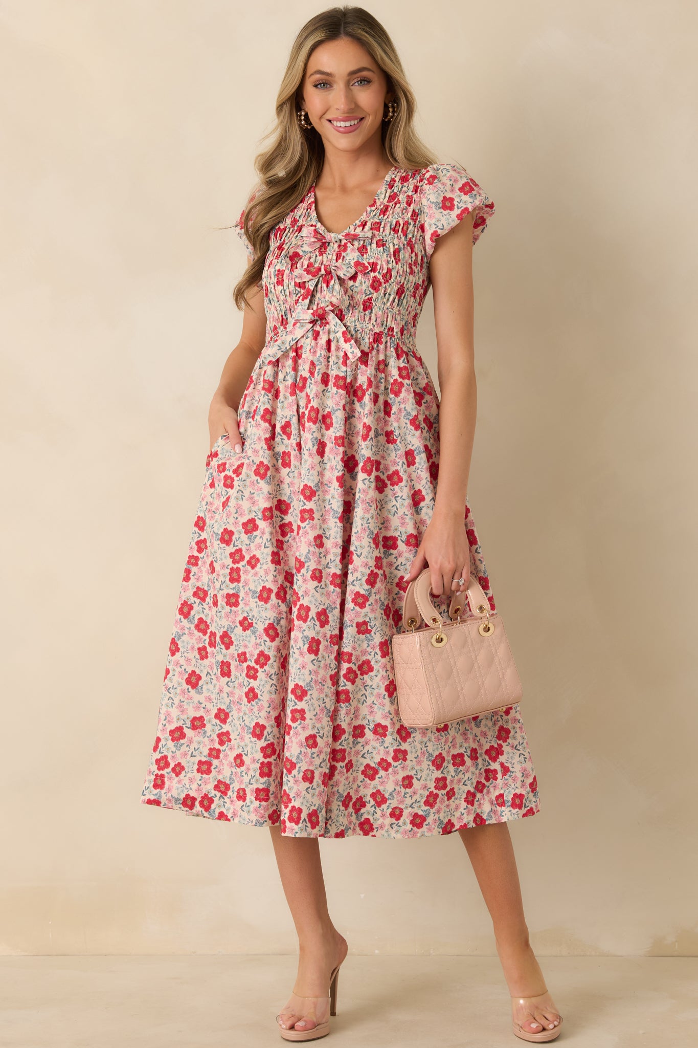 Tied With Love Red Multi Floral Print Cotton Bow Detail Midi Dress Tied With Love Red Multi Floral Print Cotton Bow Detail Midi Dress