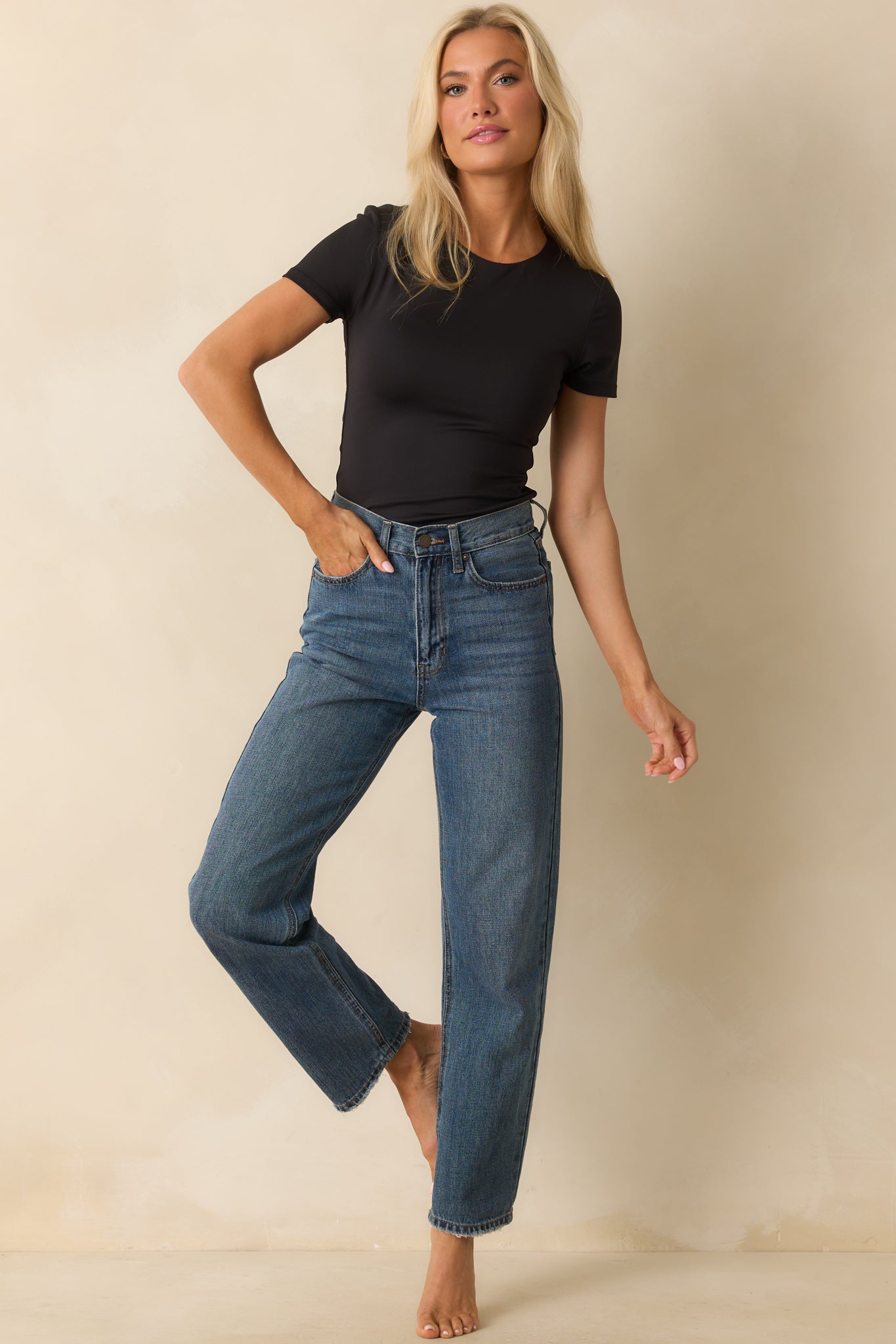 Front view of the soft stretch tee highlighting the seamless fit and short sleeves.