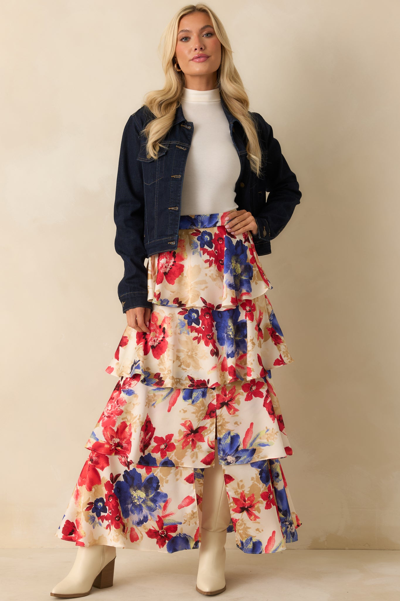 Front view of the tiered skirt highlighting the layered design and soft drape.