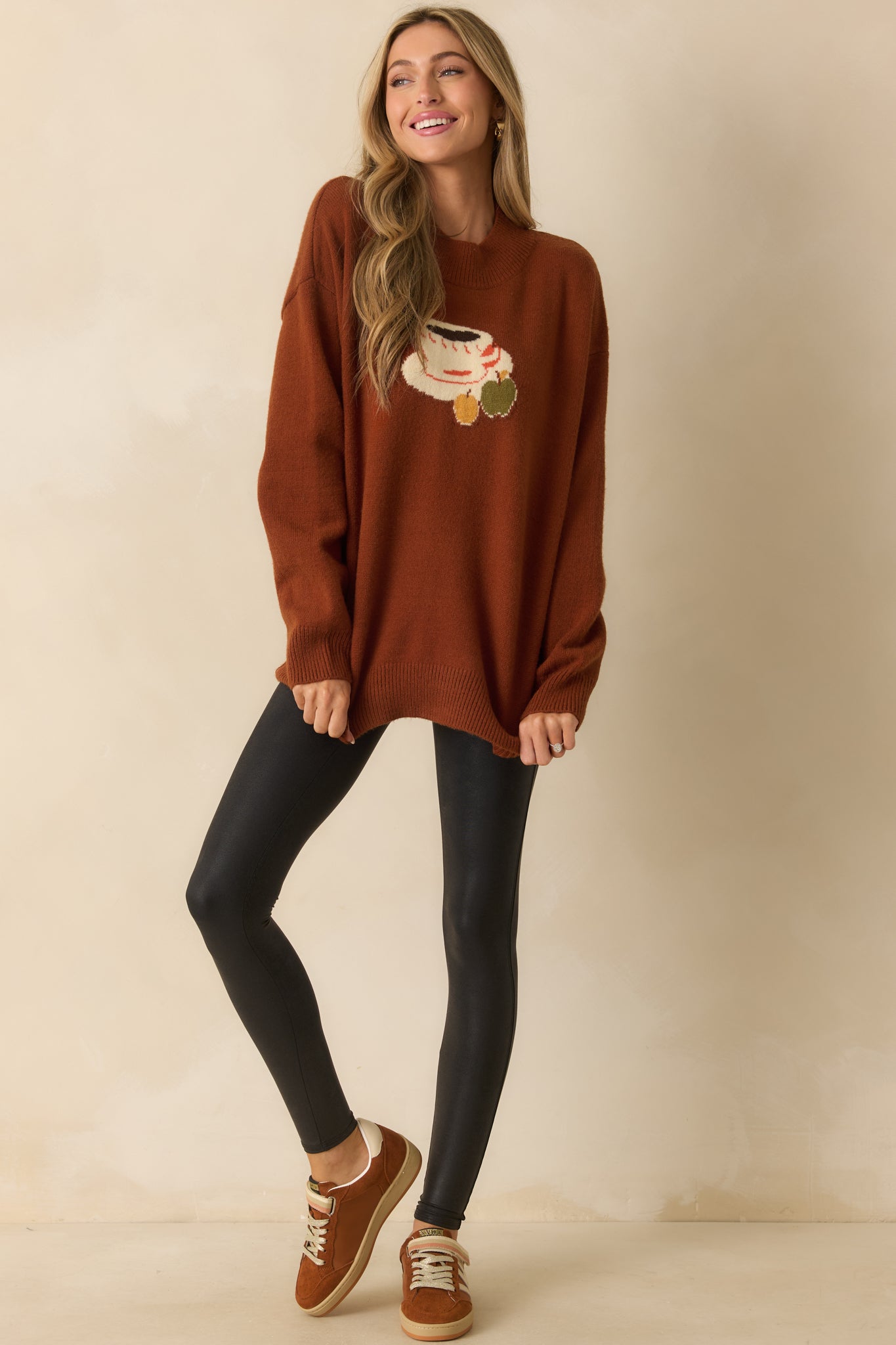 Women's Another Town Over Rust Brown Coffee Cup Knit Crewneck Sweater Shirt | Size: M | Red Dress Women's Another Town Over Rust Brown Coffee Cup Knit Crewneck Sweater Shirt | Size: M | Red Dress