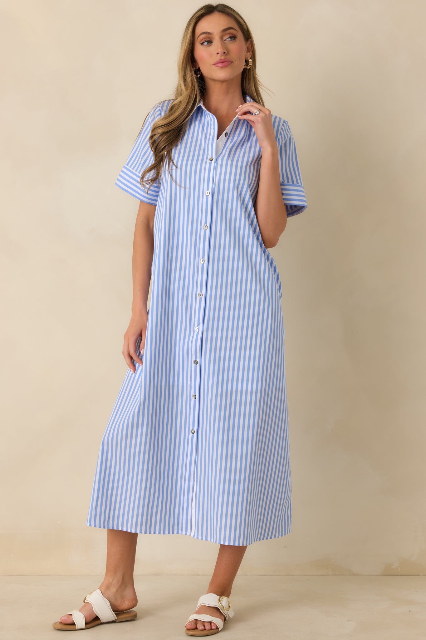 Full-length front view showcasing the collared neckline, button placket, and A-line shape of the maxi shirt dress.
