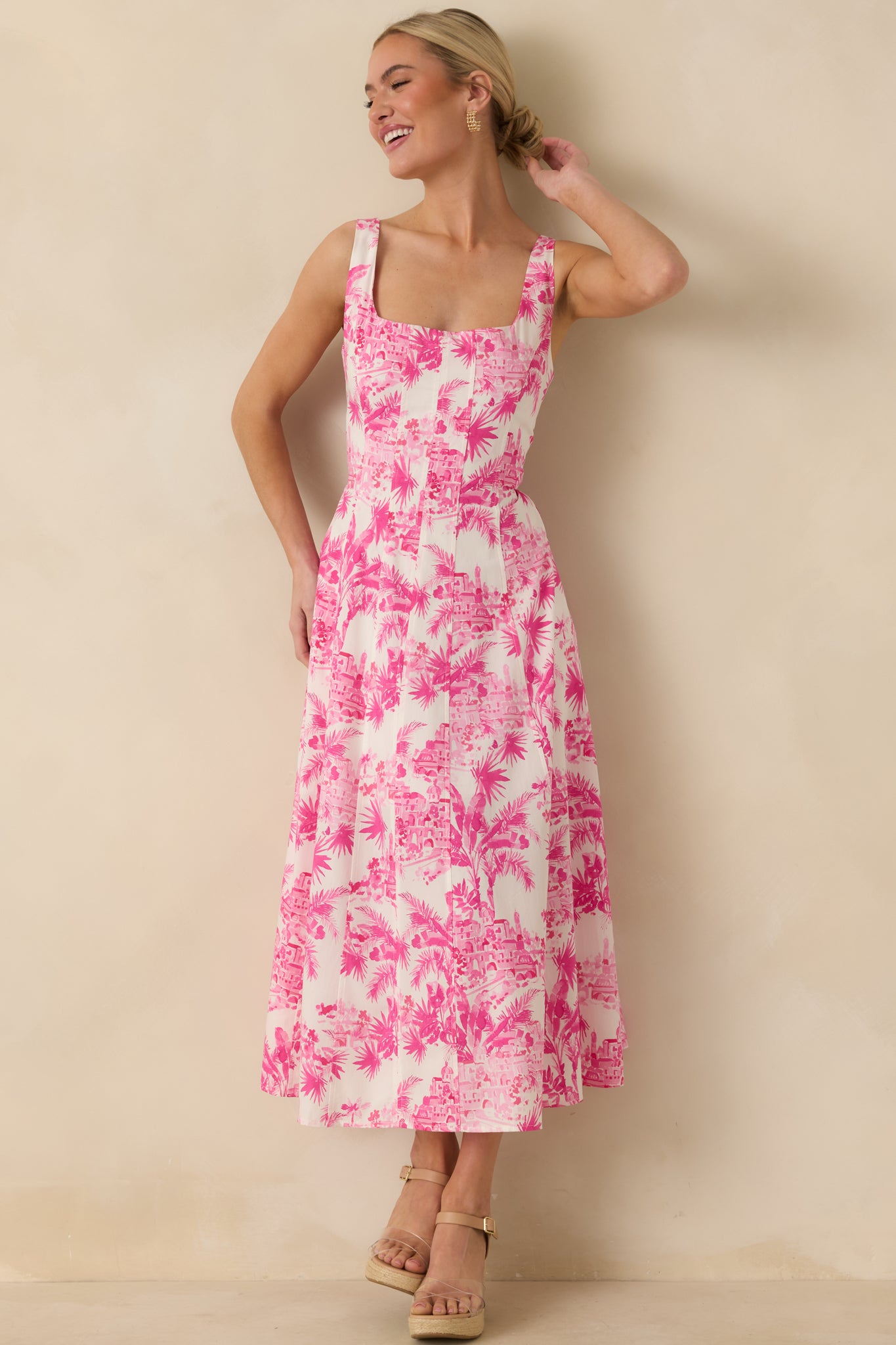 Full-length front view showcasing the palm print pattern, fitted bodice, and soft midi-length silhouette.