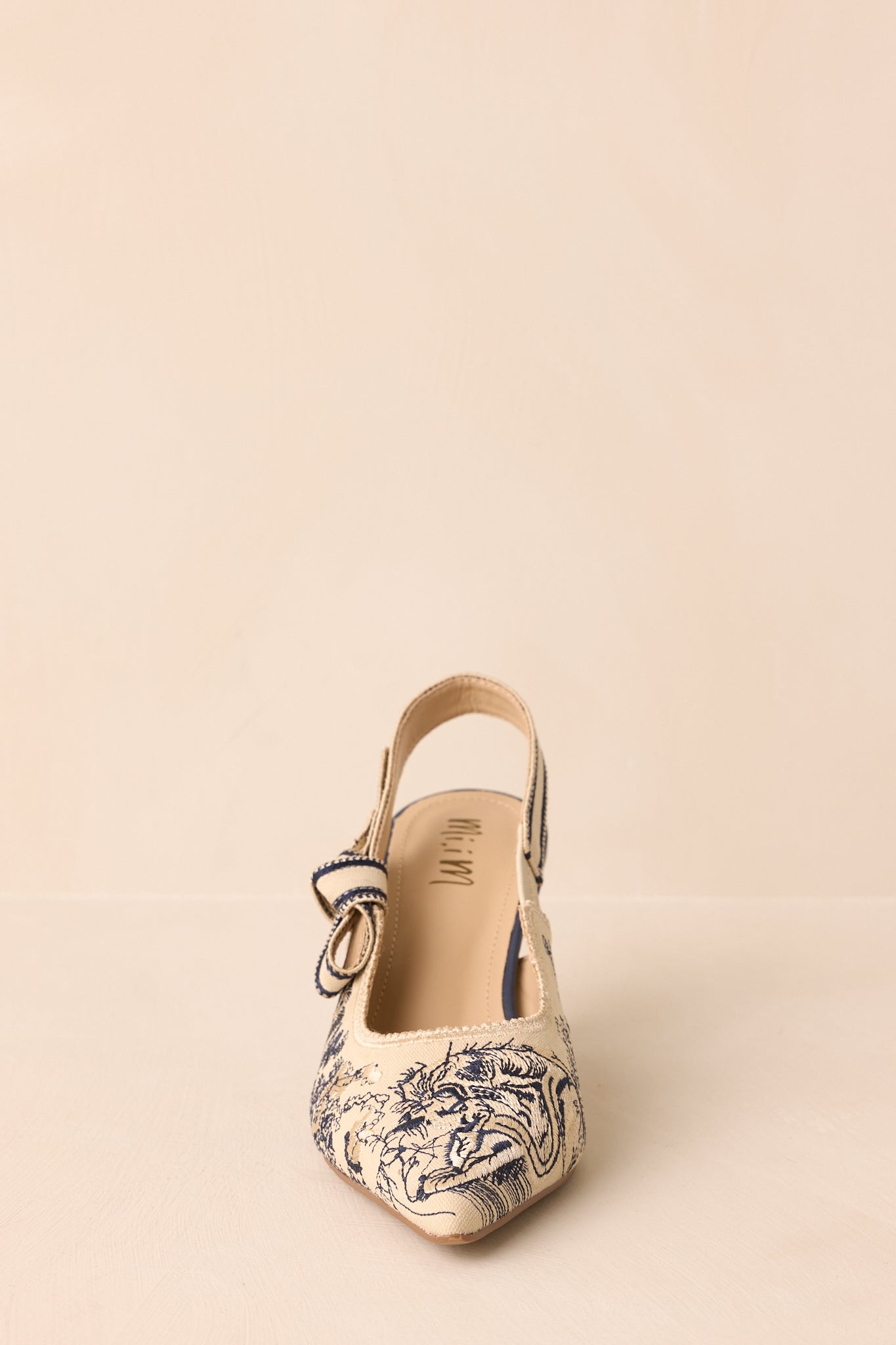 Front-focused view showing the pointed toe and colorful embroidered fabric.