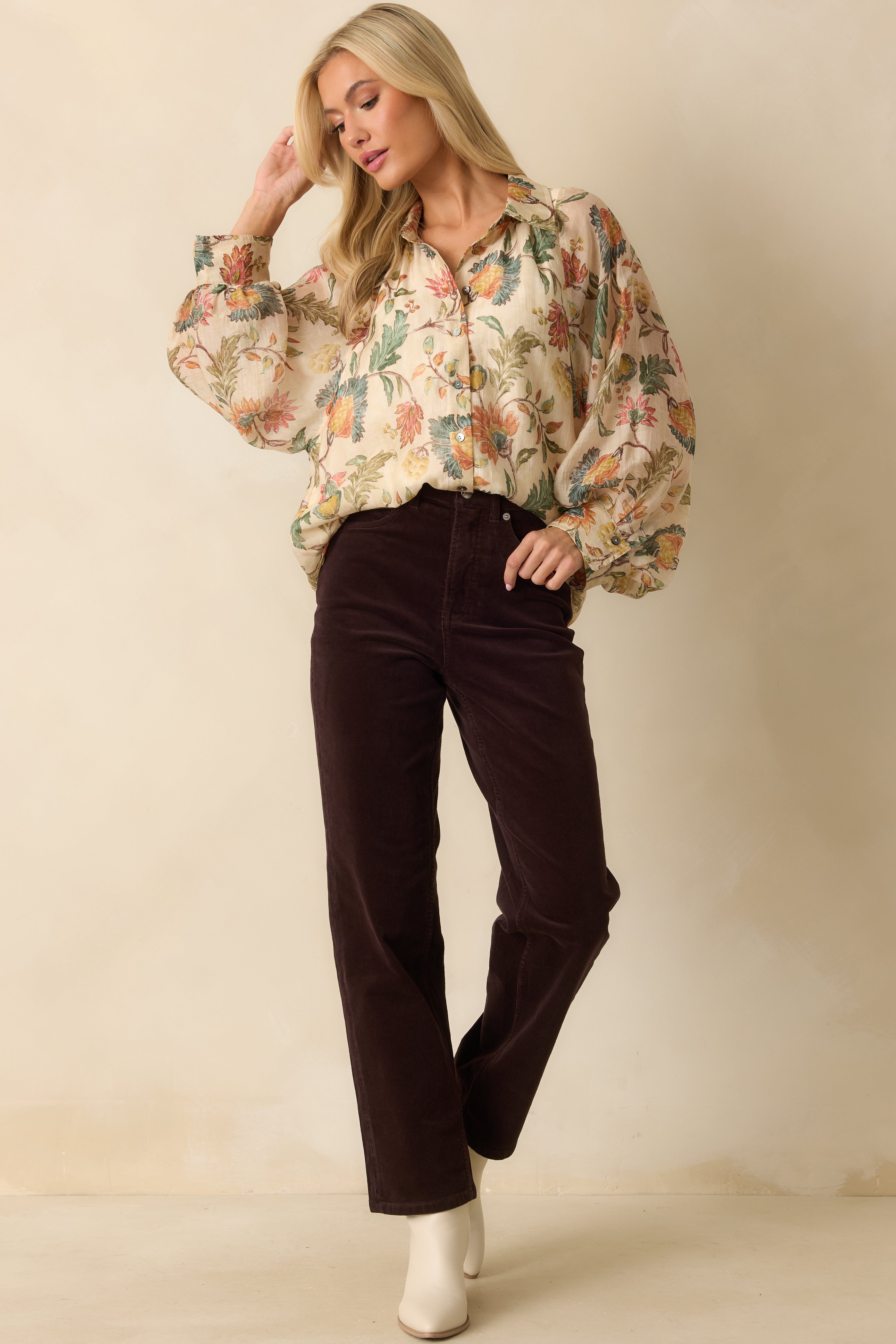 Front view of truffle brown straight-leg jeans with zip fly and button closure.