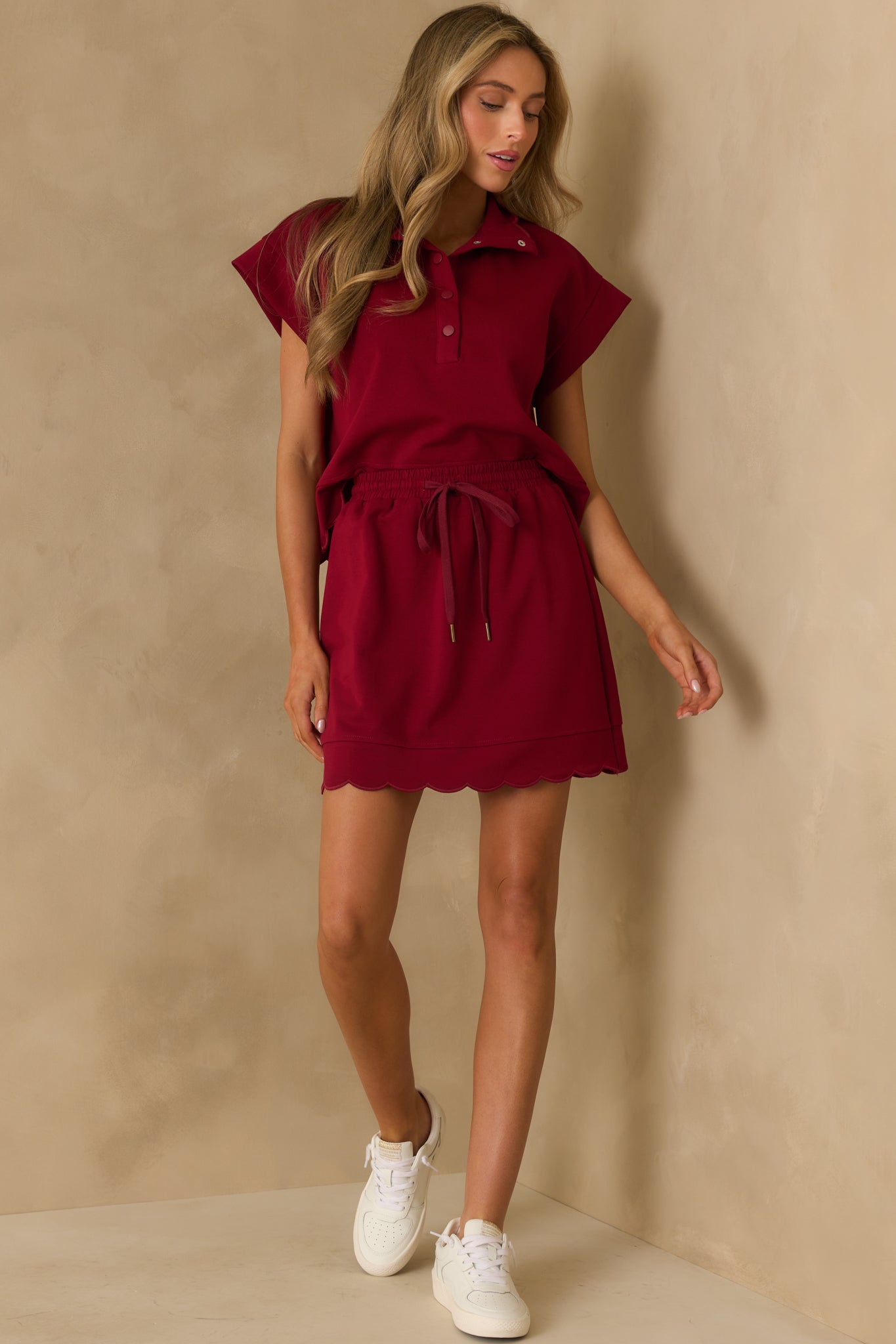 Full body angle showing the skirt’s relaxed fit and built-in shorts.