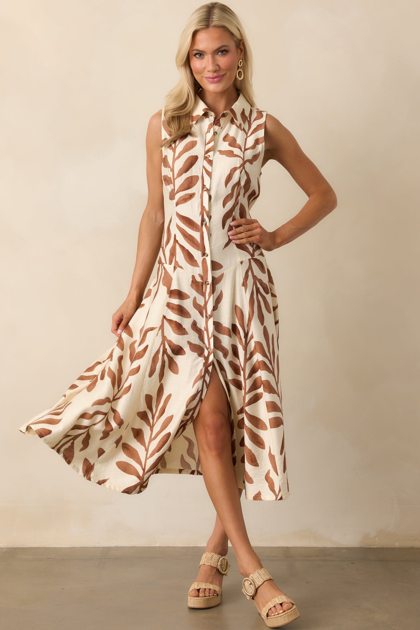 Already Handled It Light Brown Botanical Print Midi Shirt Dress Already Handled It Light Brown Botanical Print Midi Shirt Dress